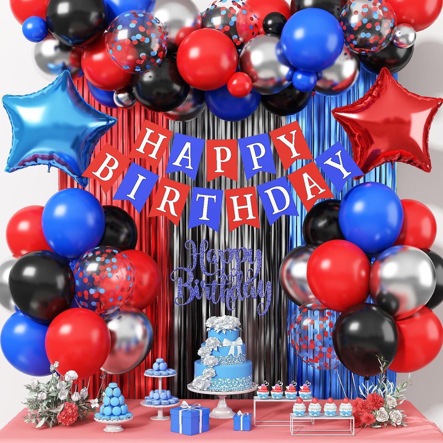 Birthday Decorations for Boys, Red Blue Black Metallic Silver Confetti Latex Foil Balloon Spider Web Party Decoration Happy Birthday Banner Fringe