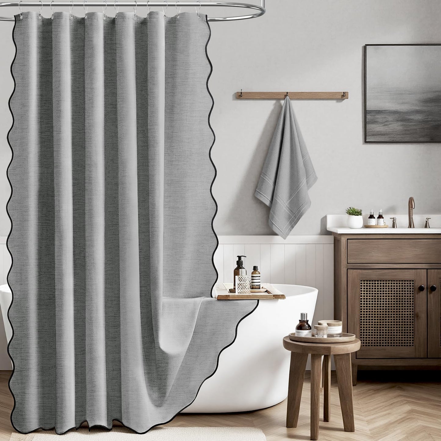 BTTN Extra Long Scalloped Shower Curtain, Waterproof, 184x215cm, Grey