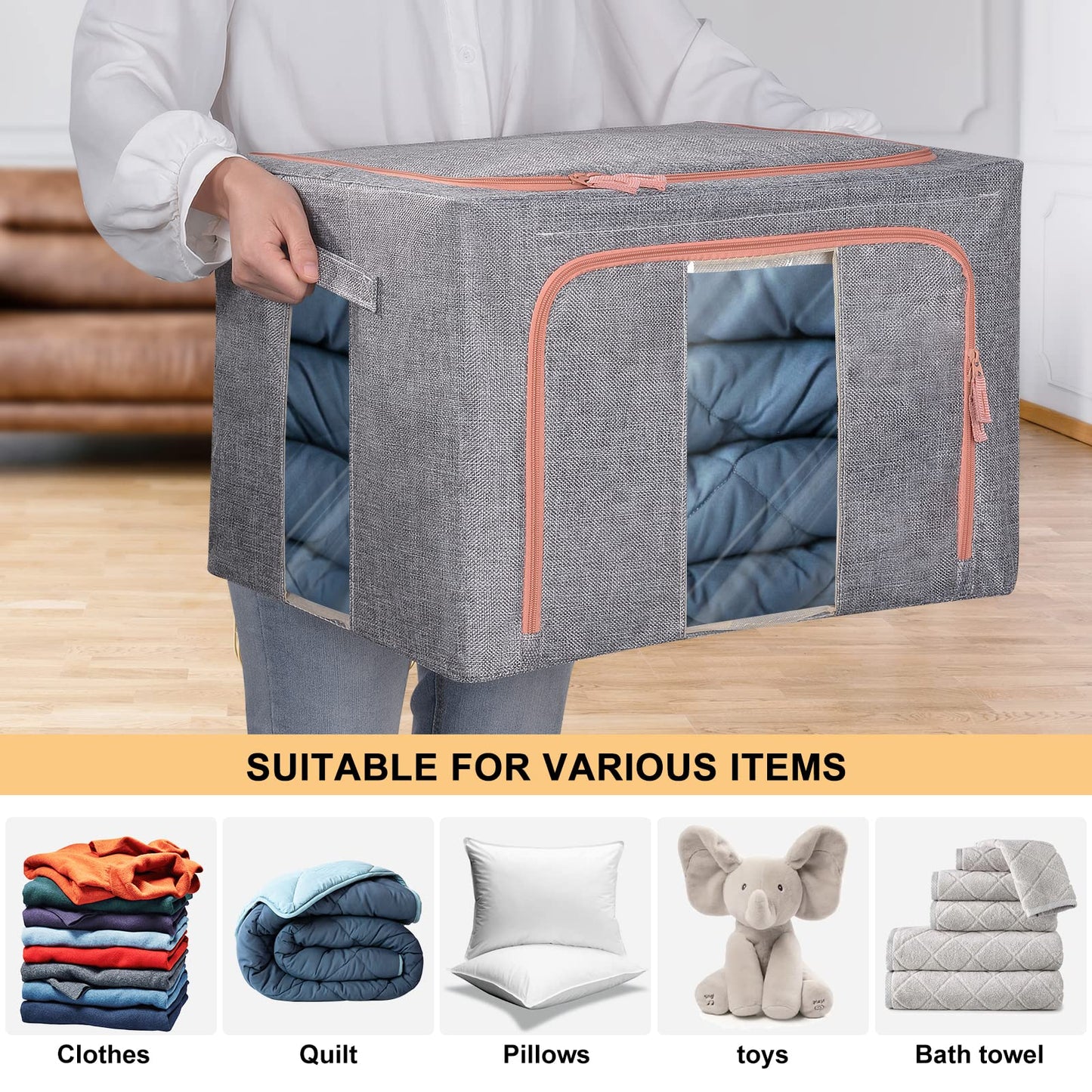 Steel Frame Storage Box, 66L Clothes Storage Bag with Double Opening Zipper,Thick Cotton Linen Protect from Moisture Dust,Perfect for Clothing Toys