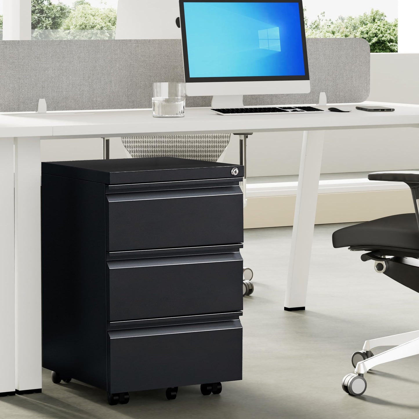 HOMSTEEL 3 Drawers File Cabinet, Metal Filing Cabinet with Lock, Mobile File Cabinet, Fully Assembled Except Casters, for Office, Home Office, Black