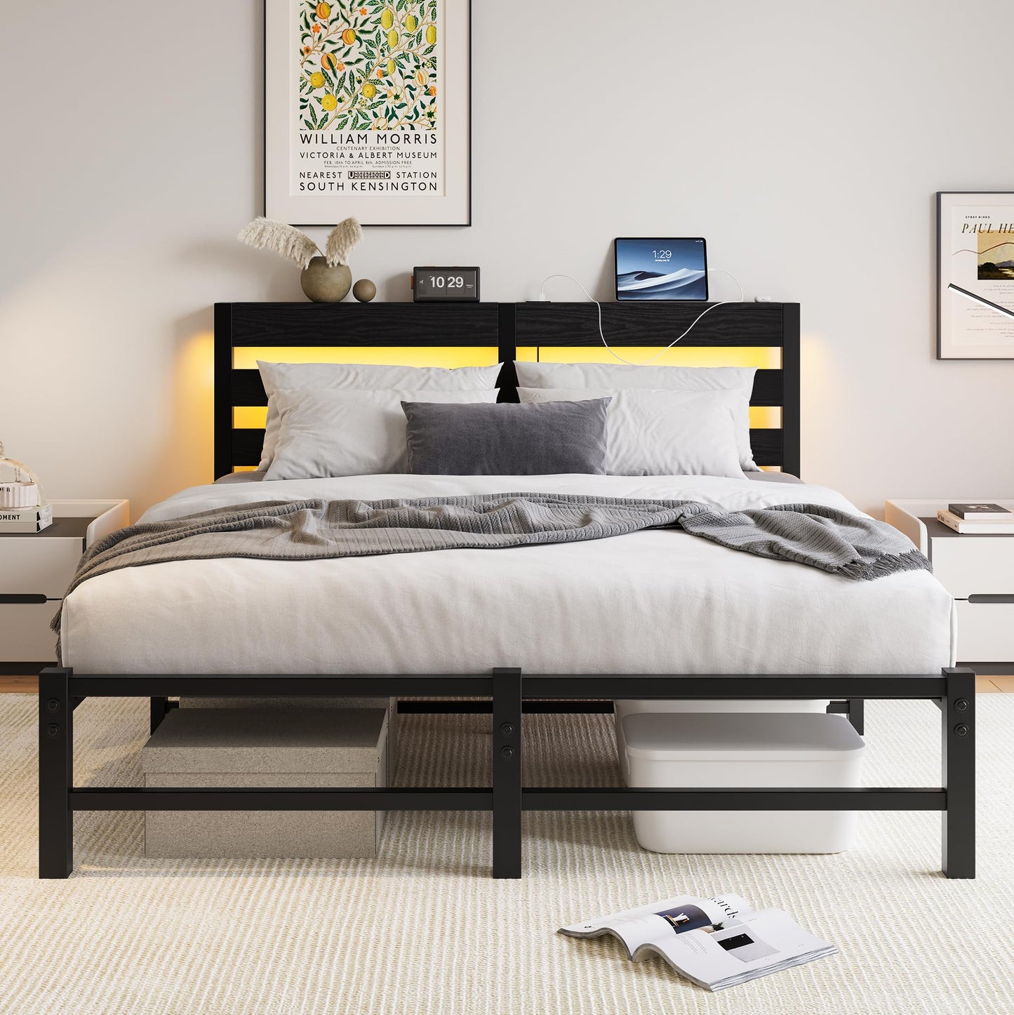 VERFARM 5ft King Bed Frame with Charging Station and LED Lights, Heavy Duty Metal Platform King 150x200 cm Bed Frame with Wood Storage Headboard