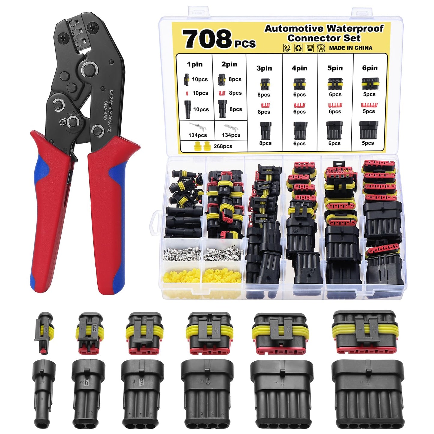 Mynoozi 708PCS Waterproof Car Cable Connectors, Waterproof Car Electrical Wire Connector Terminals Plug Kit, 1/2/3/4/5/6 Pin Electrical Automotive