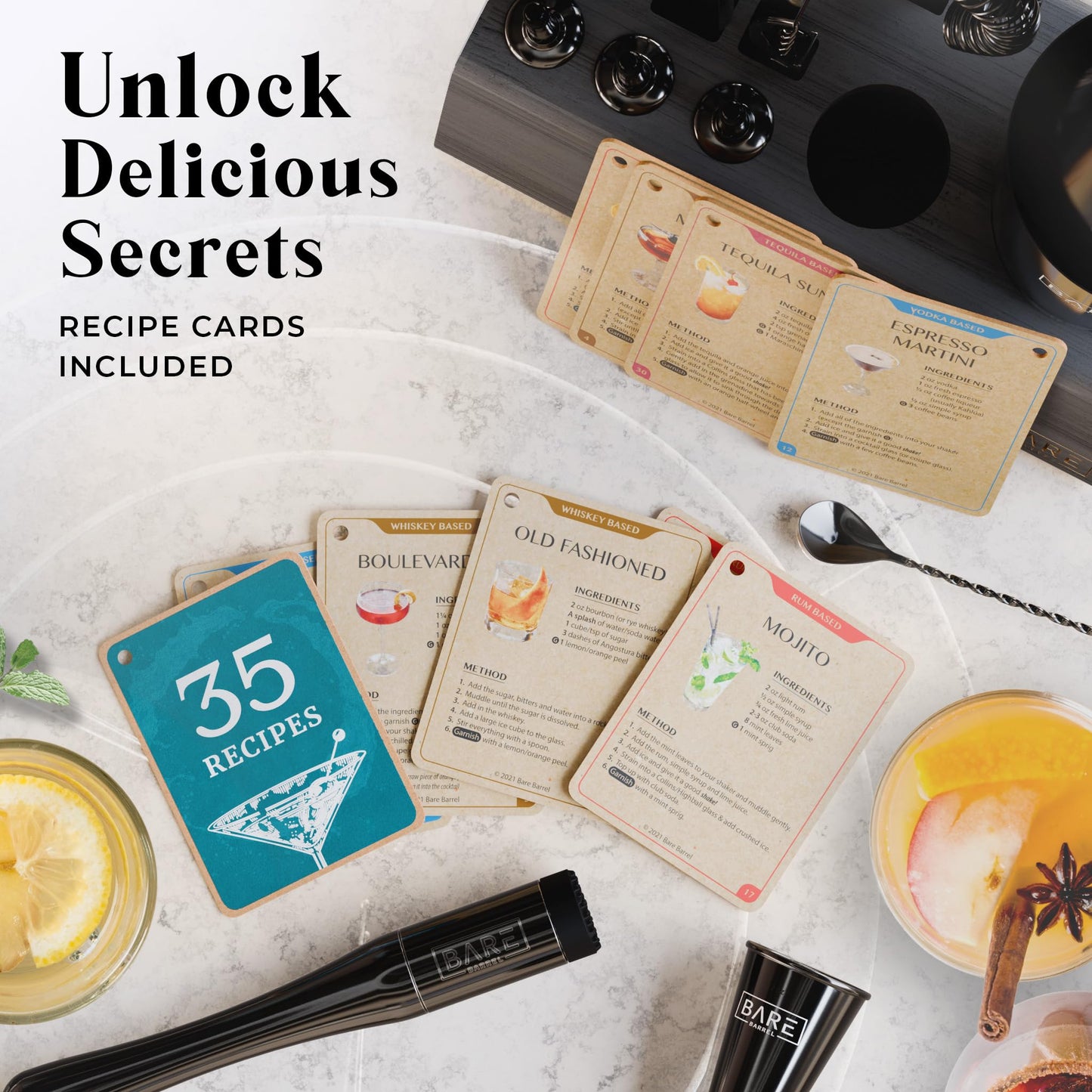 BARE BARREL Cocktail Making Kit | 14-Piece Bartender Kit Cocktail Shaker Set Maker | Bamboo Display Stand & 35 Recipe Cards | Mixology Cocktail Gift
