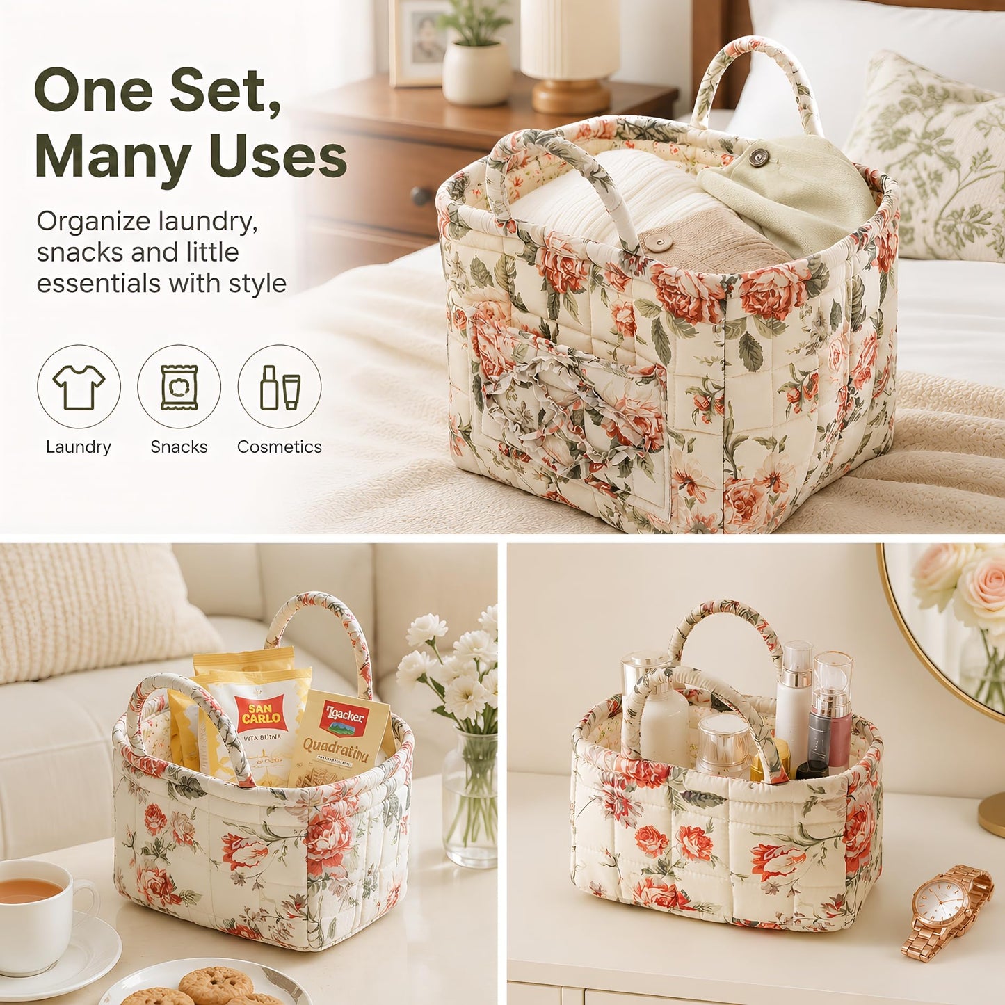 Boho Foldable Floral Storage Basket with Handles 2 PCs