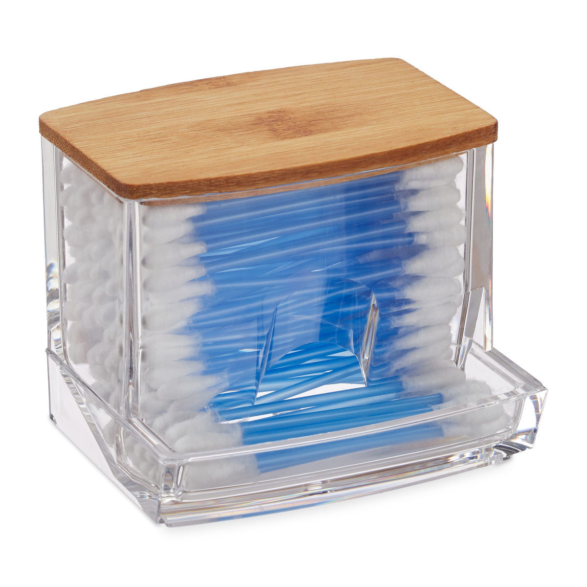 Relaxdays Cotton Swab Storage Box, Acrylic Lidded Organiser, Stick Bathroom Dispenser, Size M, Clear/Brown, 10x9x8 cm
