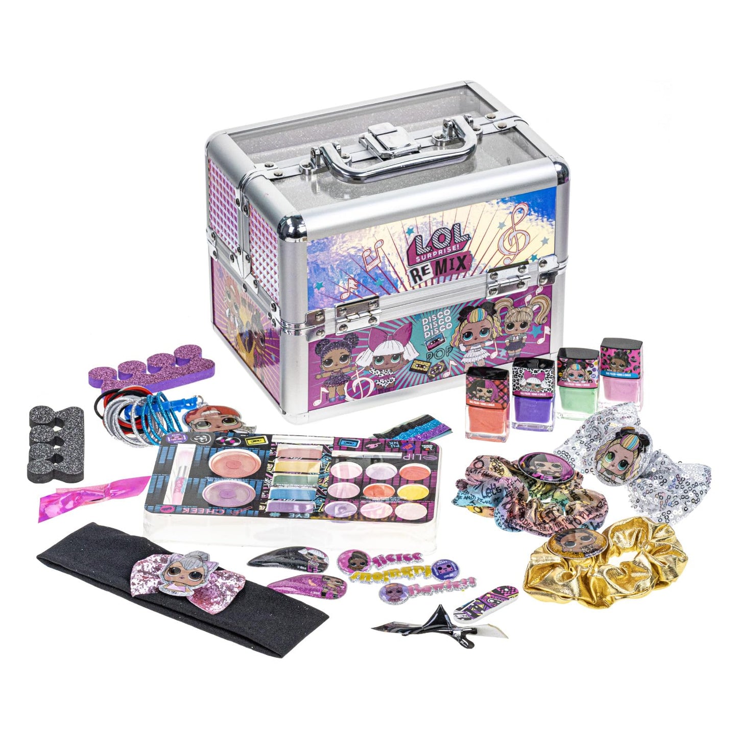 L.O.L. Surprise! Train Case Cosmetic Makeup Set Includes Lip Gloss, Eye Shimmer, Nail Polish, Hair Accessories & more, Perfect for Parties, Sleepovers