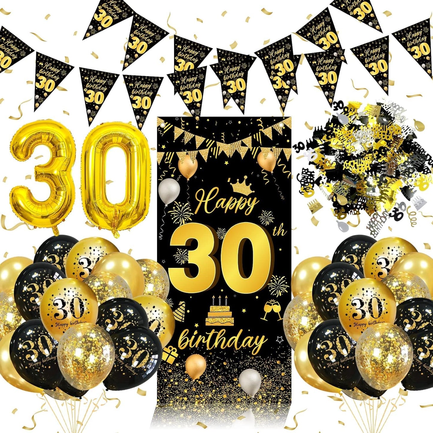 30th Birthday Decorations for Men Women, 30th Birthday Balloons Black Gold with 30 Balloons, Triangle Flag Banner, Banner | 30 Year Old Party Supplies