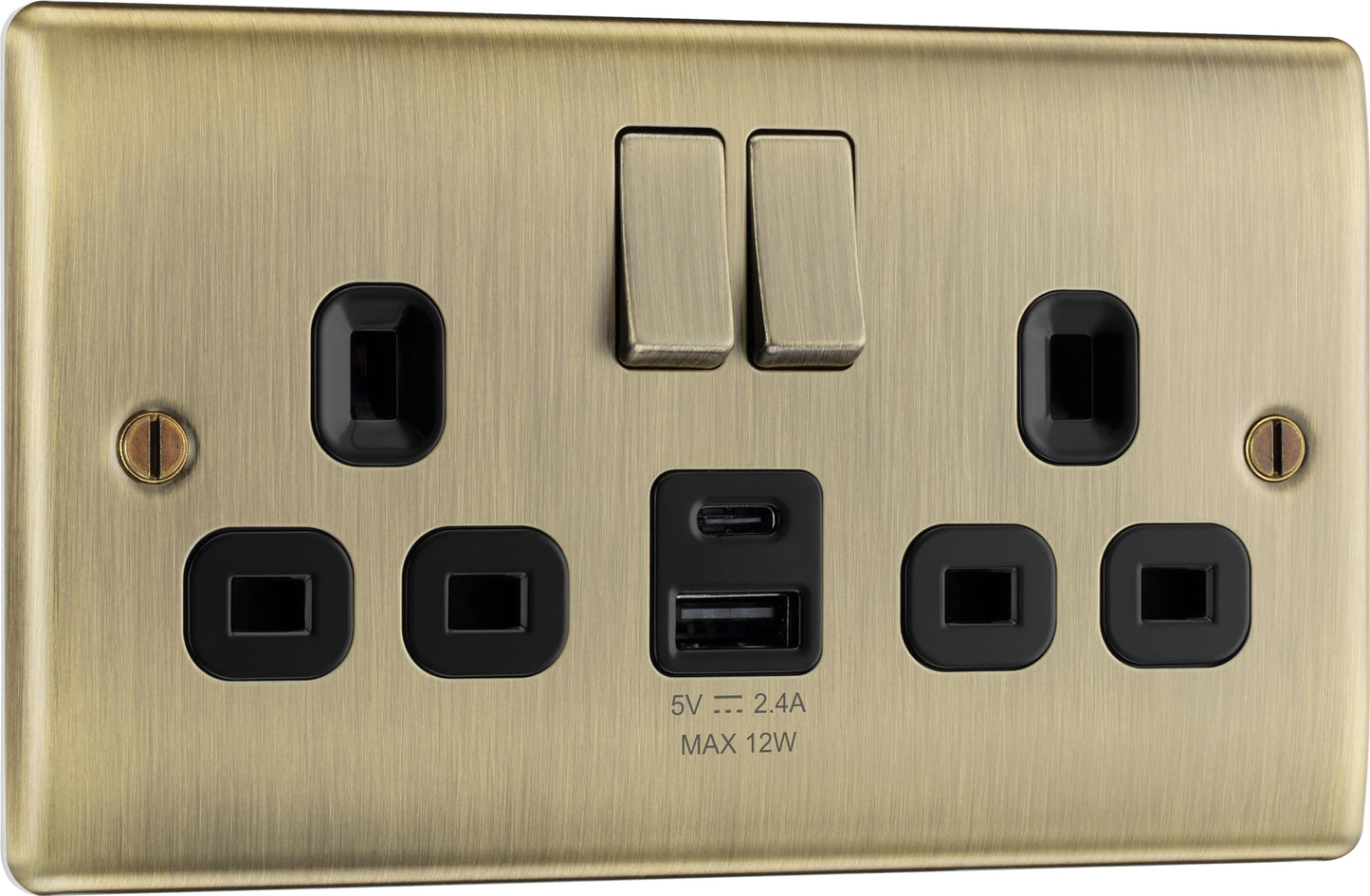 BG Electrical 12W Double Switched Power Wall Plug Socket with USB A and USB C Charging Ports, Nexus Metal, Antique Brass, 13A, NAB22UAC12B