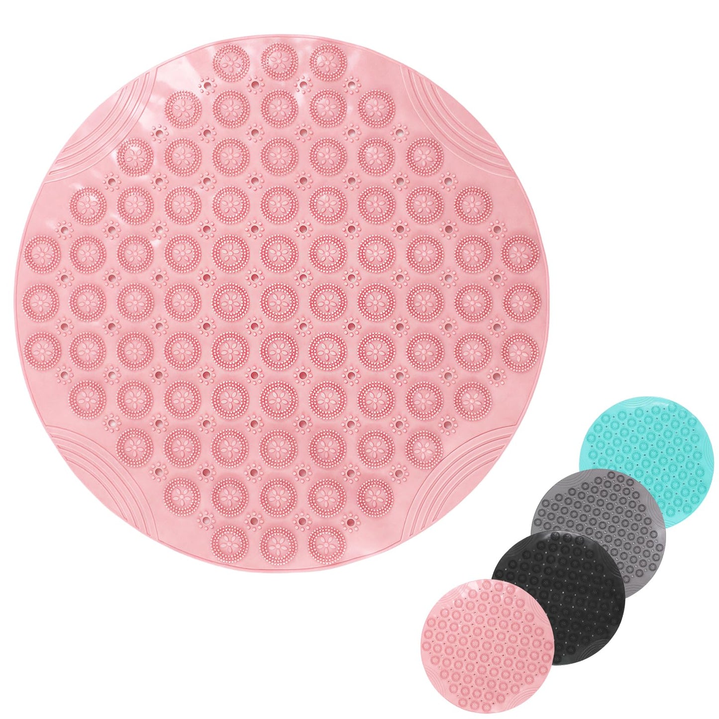 Shower Bath Mat 53x53cm,Extra Round Shower Mat Anti Mould Bath Mats Pink,Non Slip Bath Mat for Tub,Shower Mats with Suction Cups,Drain Holes,Machine