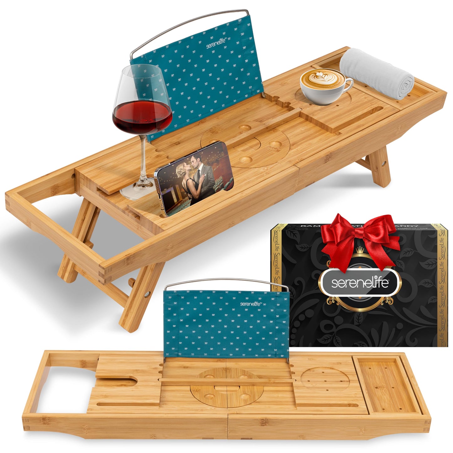 SereneLife Bamboo Bathtub Caddy with Adjustable Length, Non-Slip Handles, Integrated Device Holder and Wine Glass Slot - Expandable Design for