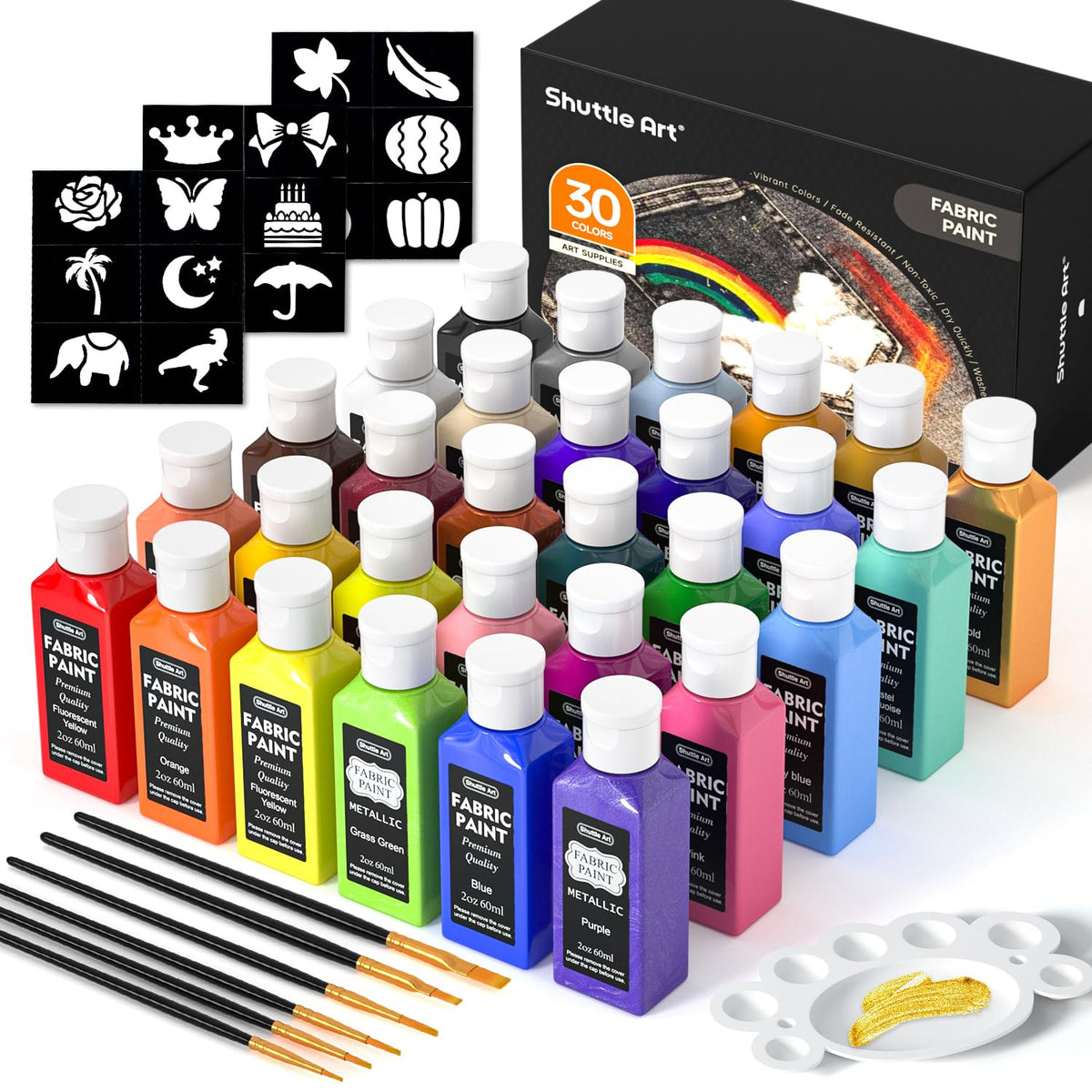 Shuttle Art Fabric Paint Permanent for Clothes, 30 Colours Fabric Paints in Bottles (60ml/2oz) with Brushes, Palette, Stencils, Non-Toxic Textile