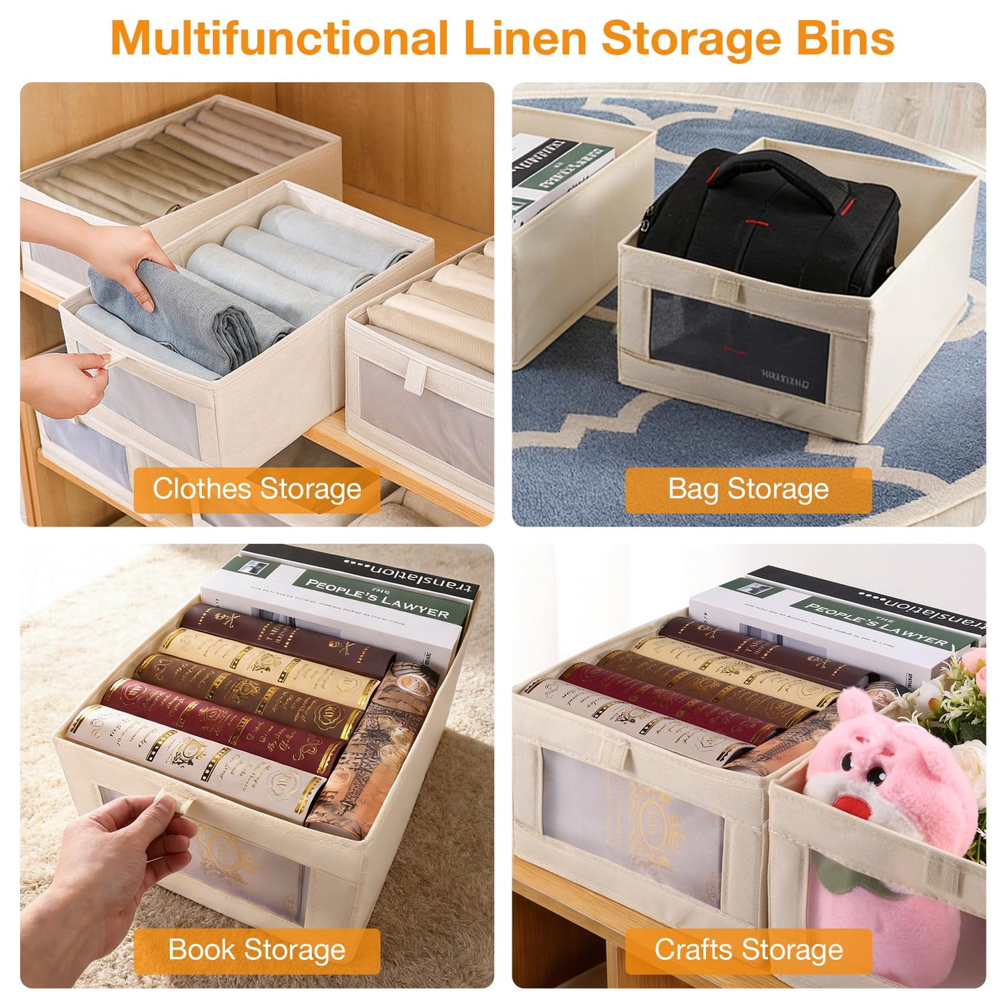 Micvtve 4 PCS Linen Wardrobe Storage Organiser Foldable Storage Bins Baskets for Organization Foldable Organizer with Clear Window Organizing
