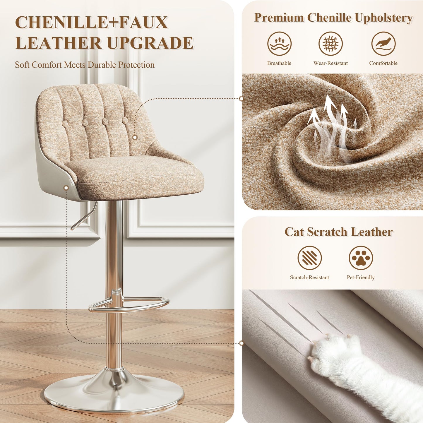 MALOL Adjustable Bar Stools Set of 6, Swivel Counter Stools with Backrest, Chenille & Faux Leather Upholstered Bar Chairs