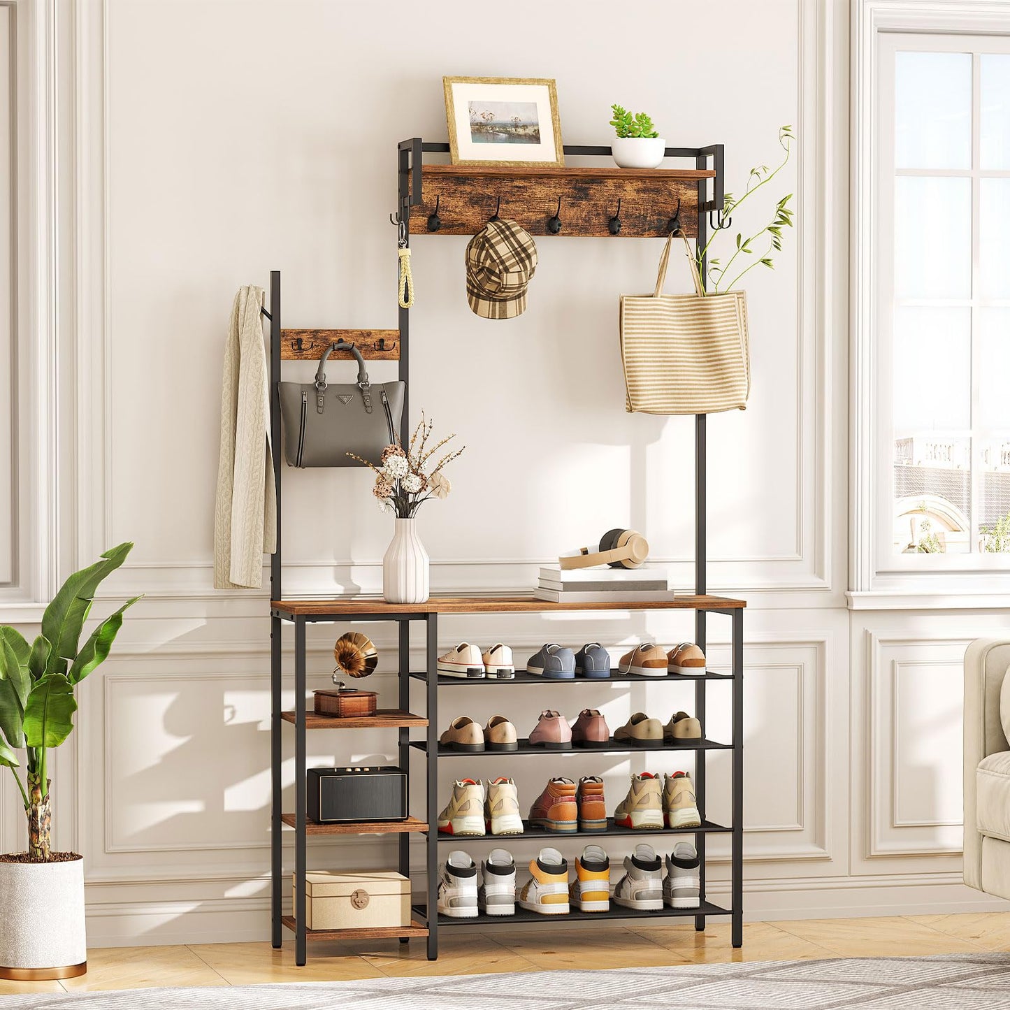 HOOBRO Coat Stand, Coat Rack with Shoe Storage, Hallway Coat and Shoe Rack, Hall Tree with 4 Side Storage Shelves and 9 Coat Hooks, for Entryway