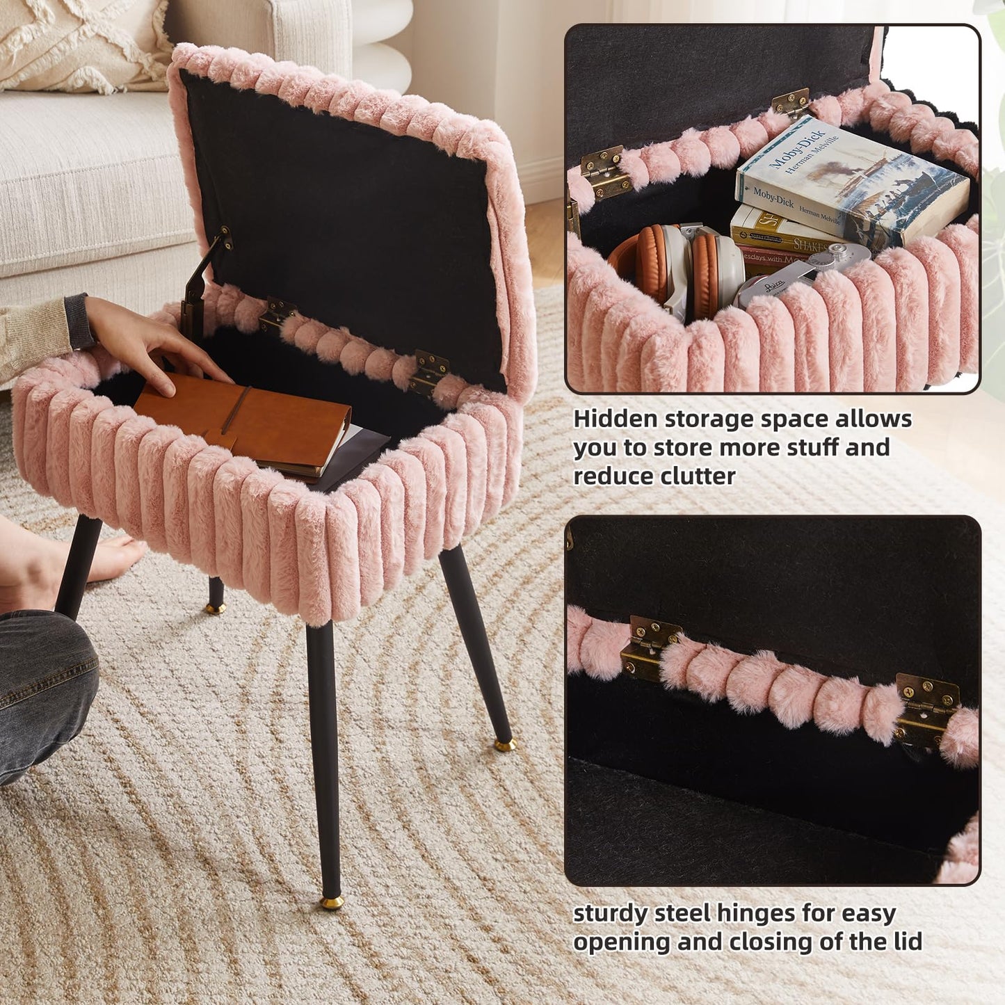 Aibiju Rectangle Dressing Table Stool with Storage Footstool Velvet Ottoman Makeup Chair with 4 Metal Legs for Home Living Room Bedroom Pink YD-MS151P