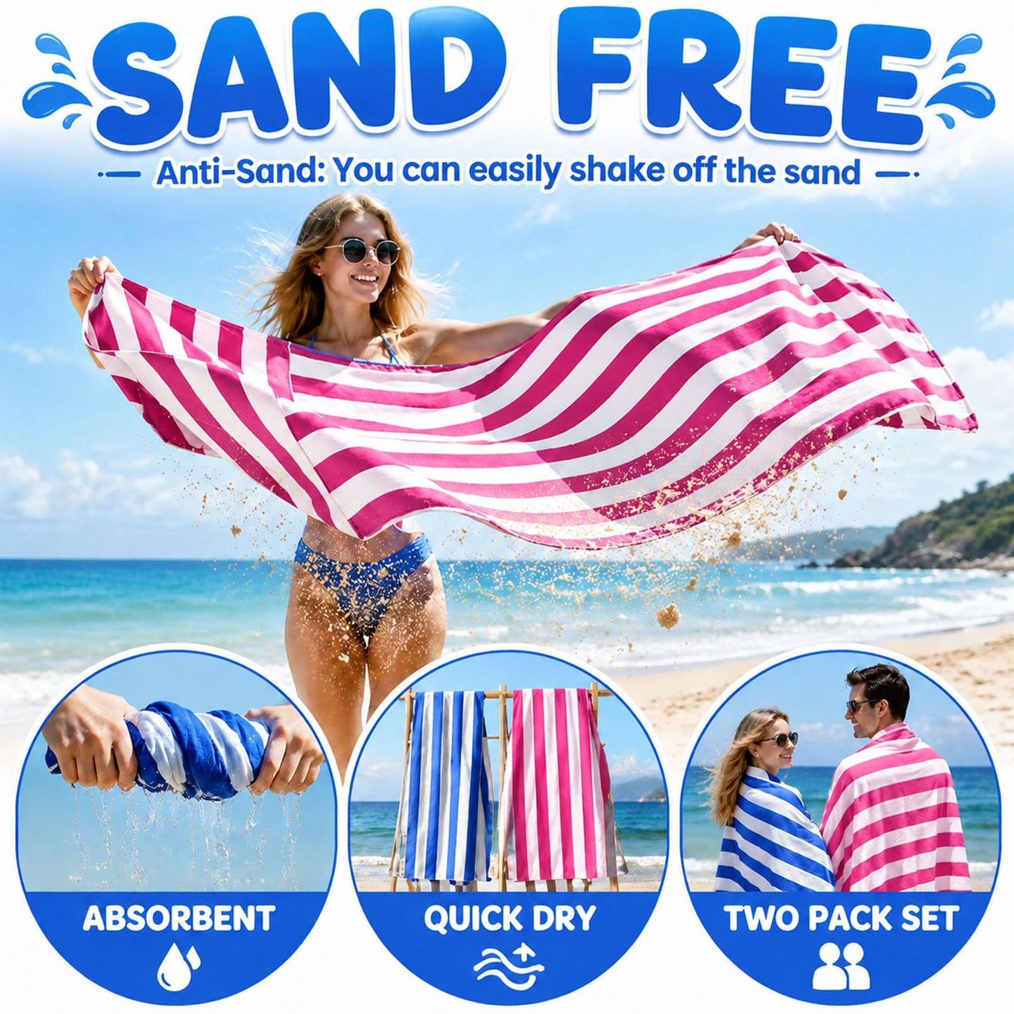 Admygo Microfibre Beach Towels for Adults - 2 Pack 180 x 90 cm Extra Large Beach Towels with Drawstring Bags