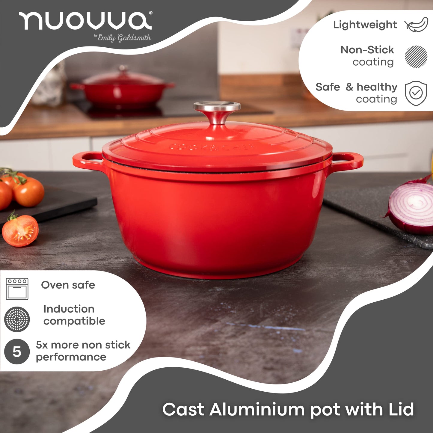 Non-Stick Aluminium Pot with Lid  Sturdy Deep Dutch Oven  Casserole Pot with Ergonomic Handles  4L, 24cm, Red  Oven Safe Cooking Pot  by Nuovva