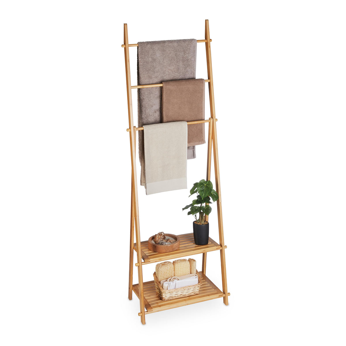 Relaxdays Towel Stand Bamboo, 3 Bars, 2 Storage Shelves, HWD: 153 x 53.5 x 30 cm, Free-Standing, Bathroom Rack, Natural