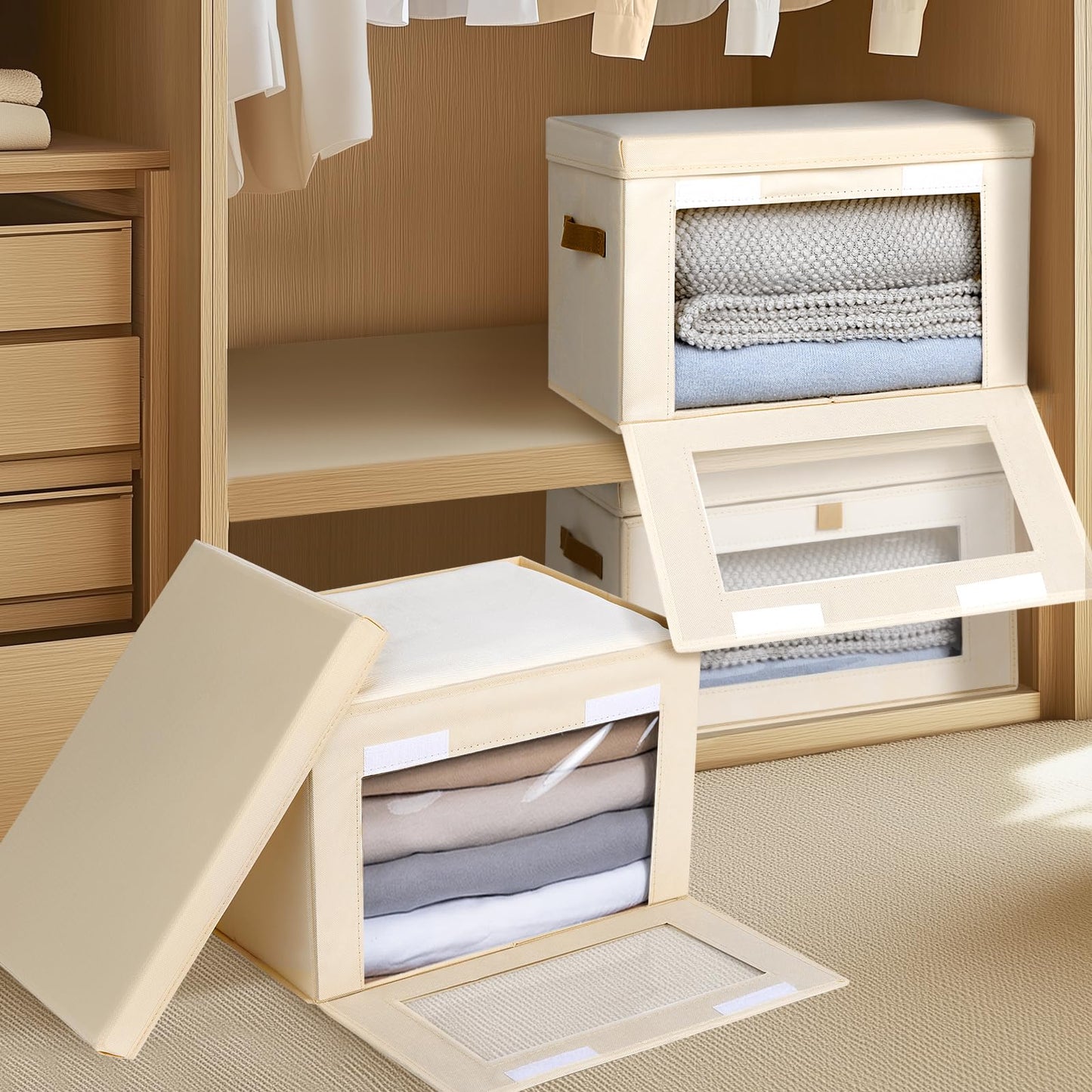 DIMJ Wardrobe Storage Box with Lid - 2 Pack Collapsible Bins with Handle and Front Window