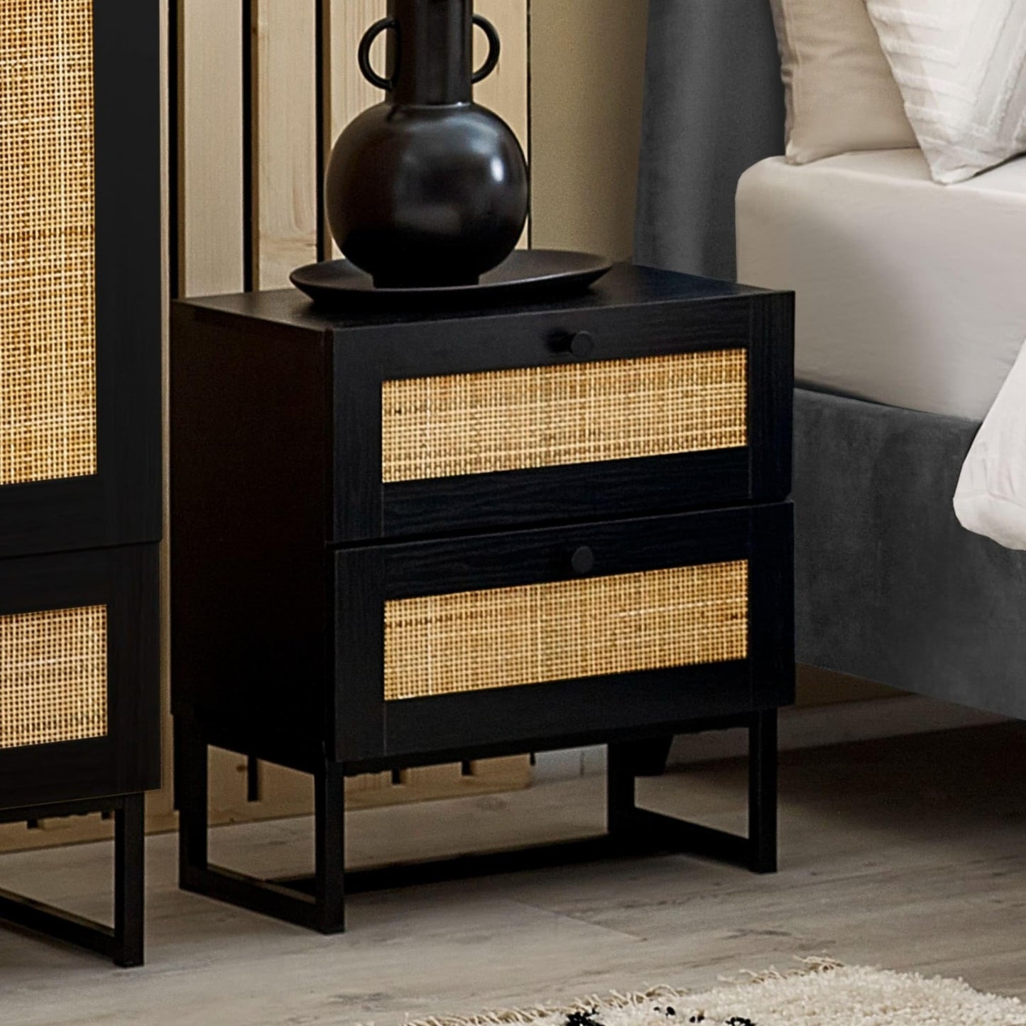 Julian Bowen Padstow Bedside Table, 2 Drawer, Black - H55 x W50 x D30cm