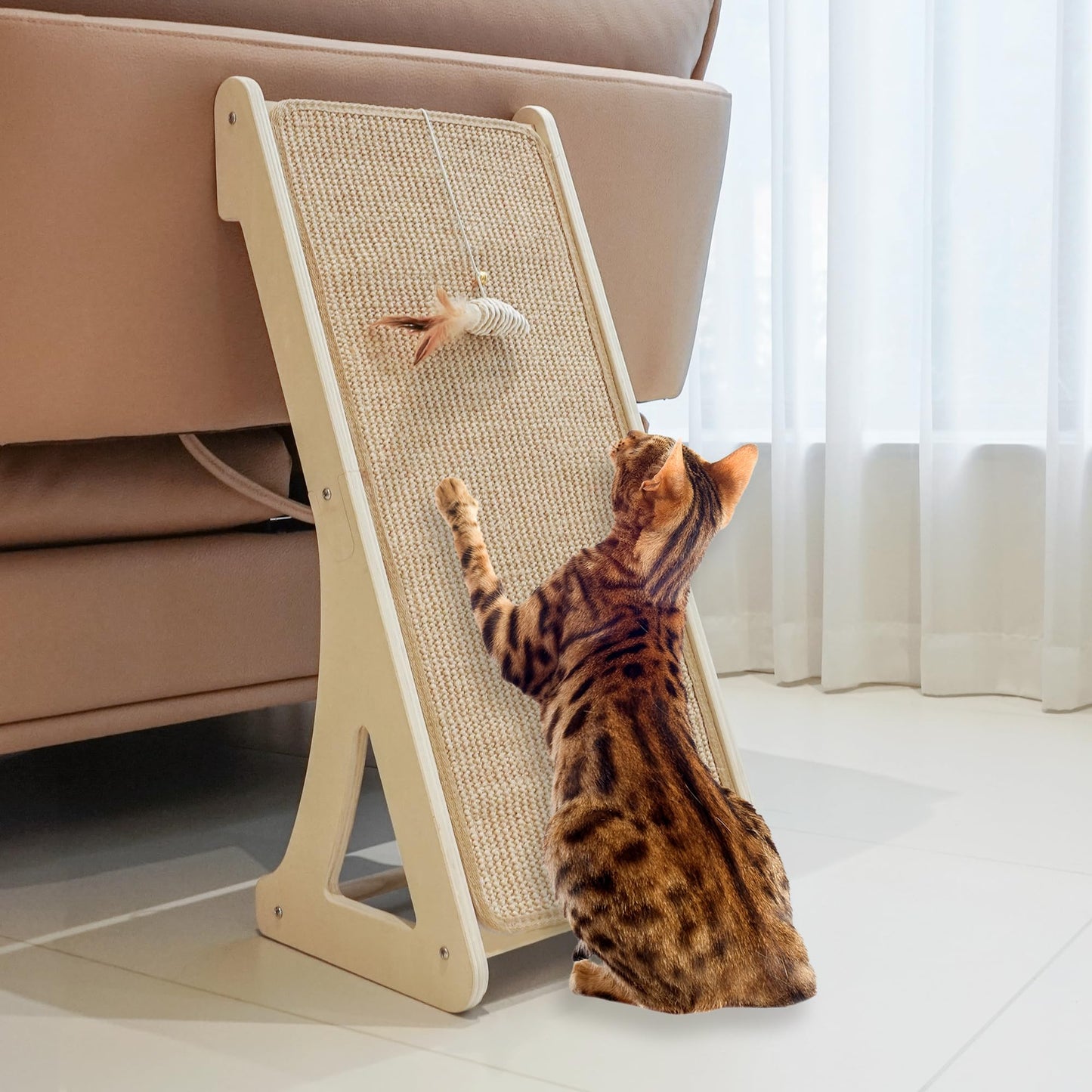 PETKARAY Cat Scratcher, Sisal Cat Scratching Ramp, L Shape Cat Scratch Pad for Indoor Cats, 27" Wall Furniture Protector with Mouse Toy
