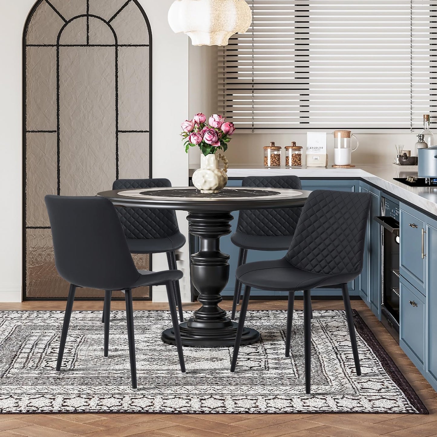 MSOBAIW Mid Century Modern Dining Chairs Set of 4, Black Upholstered Faux Leather Kitchen Chairs With Metal Legs For Dining & Living Room