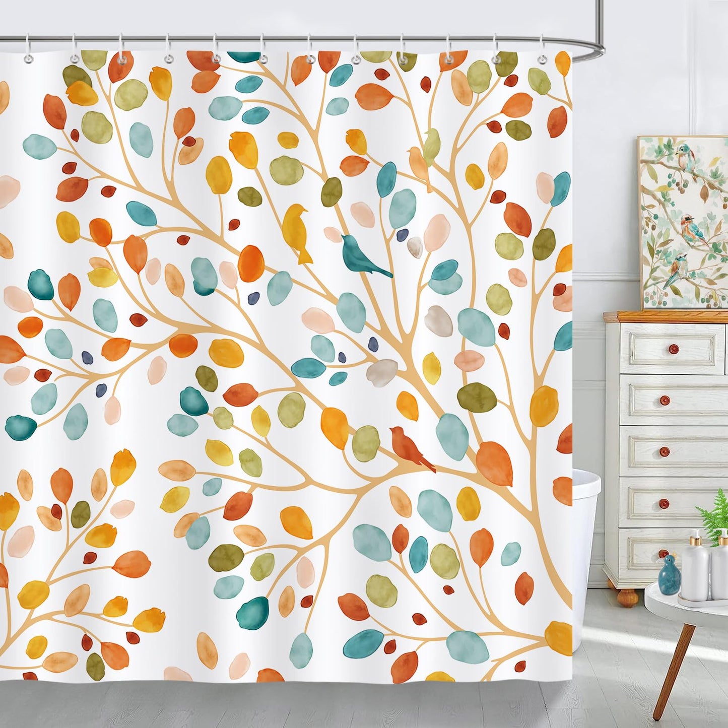 Bonhause Colorful Leaves Shower Curtain, Boho Leaf Birds Floral Bathroom Curtain 180 x 180 cm Waterproof Mildew and Mould Resistant Polyester Fabric