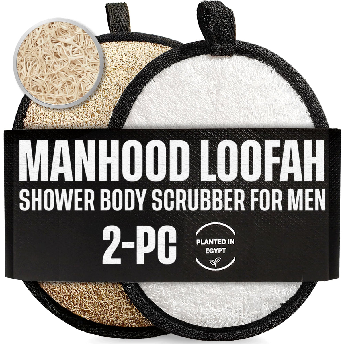Rugged Natural Shower Loofah for Men - Tough Exfoliating Body Scrubbers, Durable & Gentle Terry Towel Cloth pad for Manly Skin Care - Lufas, Luffa,