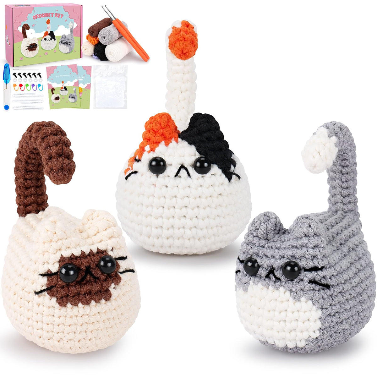 Crochet Kit for Beginners Animal Cat Crochet Kit for Adults Kids, Knitting Kits Complete Crochet Set with Step-by-Step Video Tutorials, 3pcs Cat