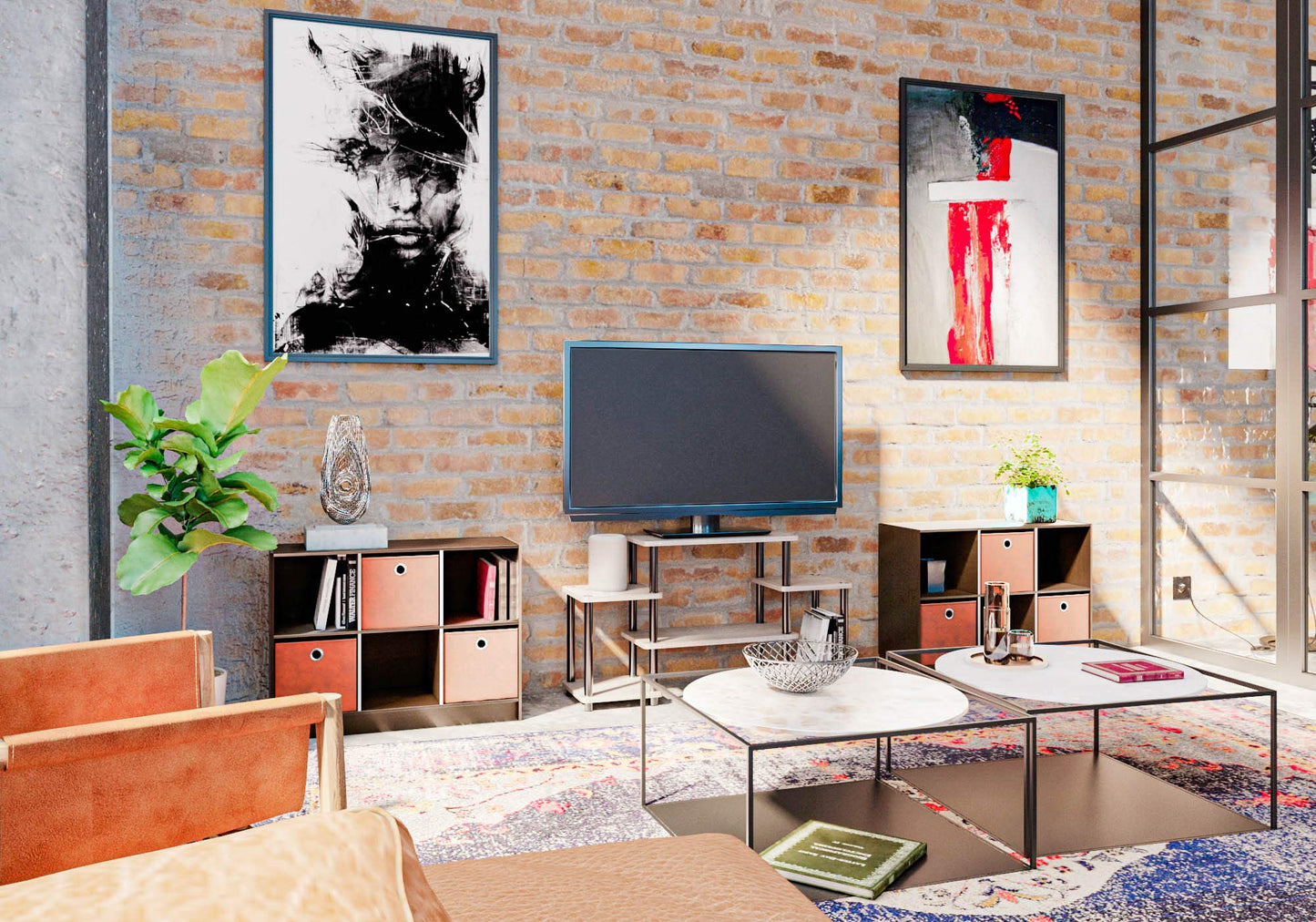 Furinno TURN-N-TUBE TV Stand, Entertainment Center with Open Shelves, TV Console with Raised Top for TV up to 32 Inch, for Living Room, Bedroom