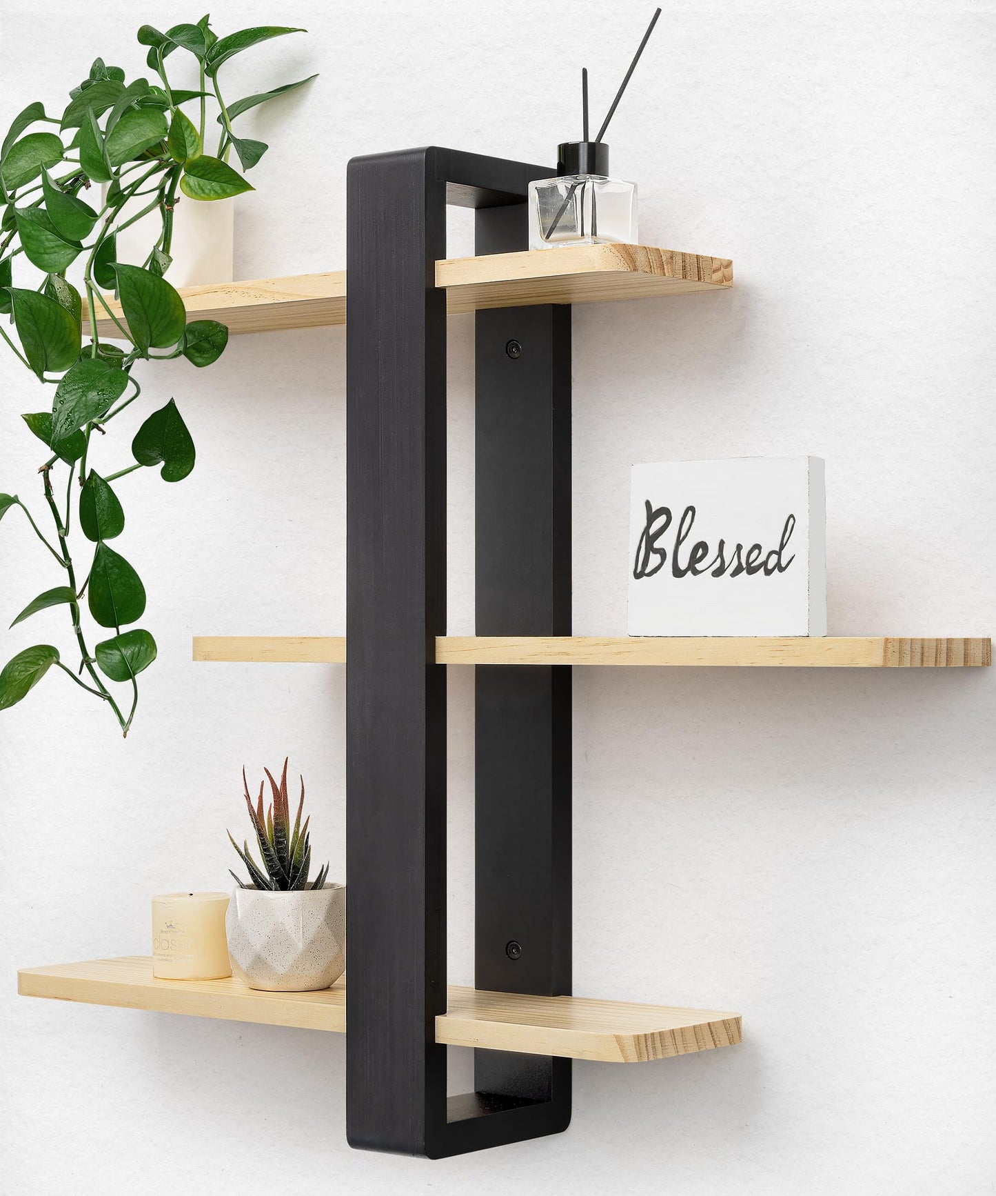 SUMGAR Floating Shelves for Wall Mounted Shelving Unit All Pine Wood 50CM 3 Tier Large Shelf for Bedroom Living Room Office Bathroom Home Decoration