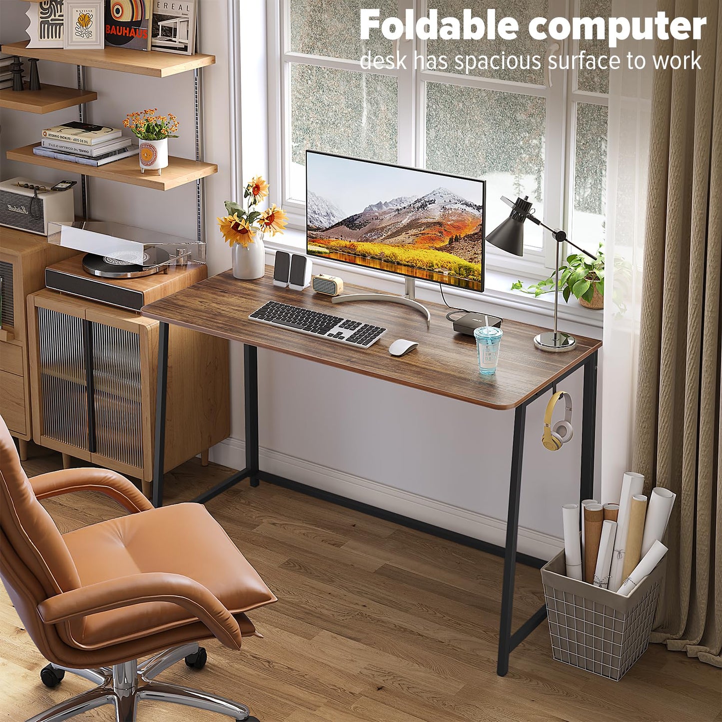WOHOMO Folding Desk, 120cm Foldable Computer Desk for Bedroom, Walnut