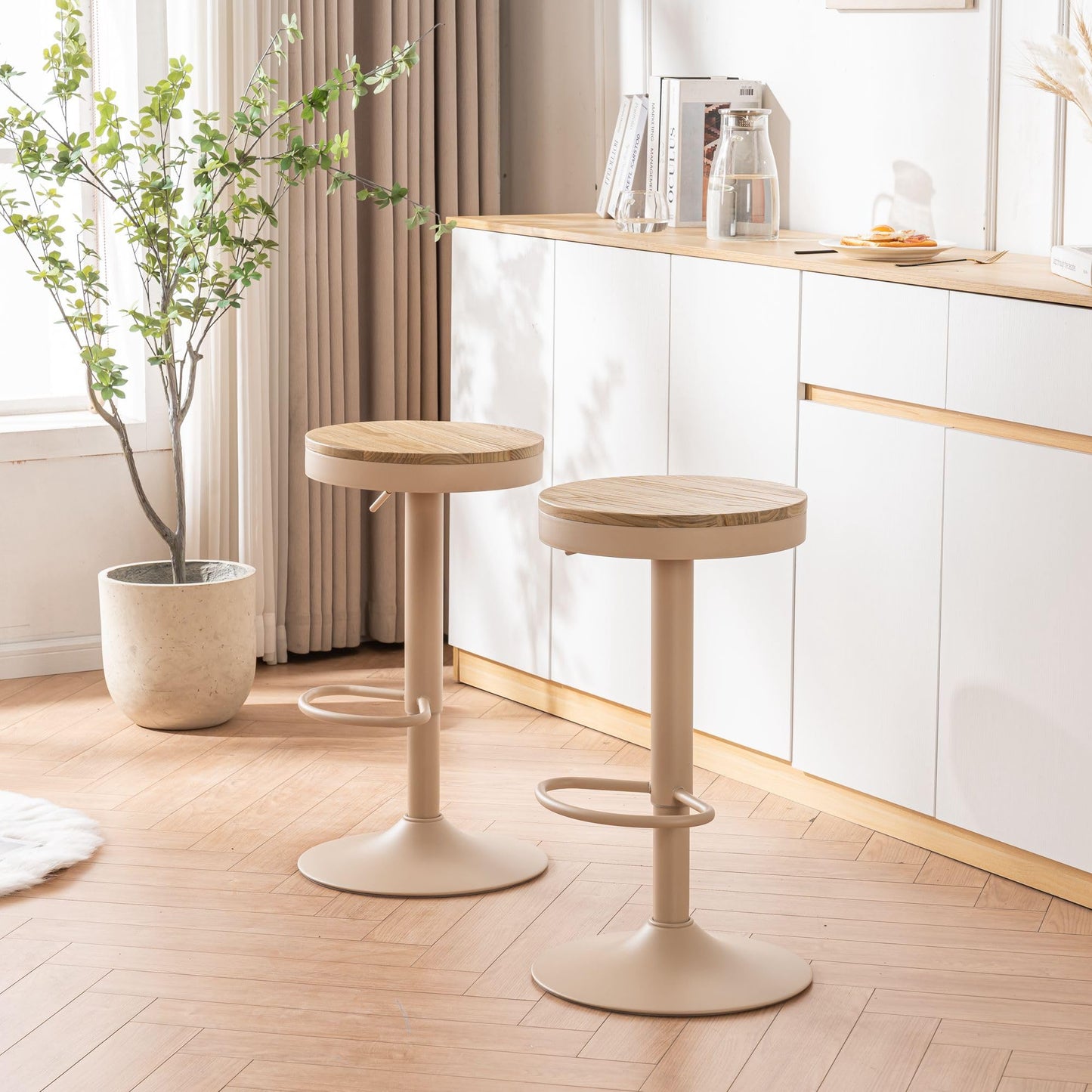 YOUNIKE Bar Stools, Solid Wood Counter Height Barstools Set of 2, Vintage High Adjustable 360° Swivel Metal Bar Chairs, Breakfast Kitchen Stools