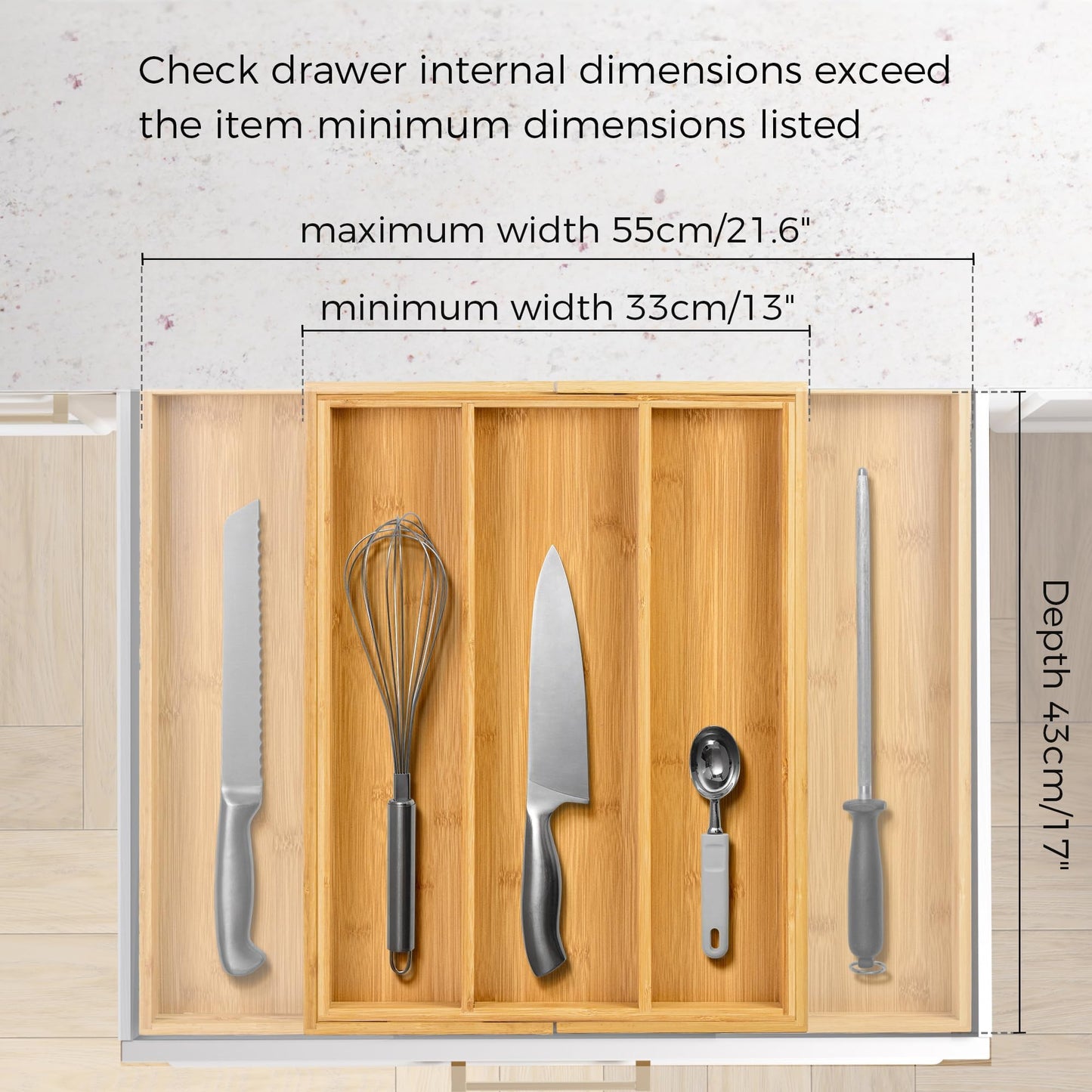 Utoplike Bamboo Cutlery Tray Expandable Drawer Organisers for Utensils Holder, Cutlery Tray Organiser, Drawer Divider for Silverware, Flatware, Knives