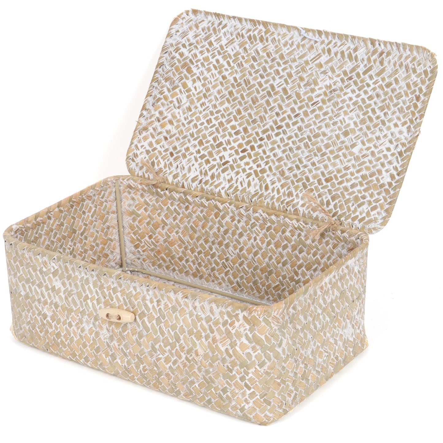 FEIALNDUO Wicker Shelf Baskets with Lid,Seagrass Storage Basket Bins Rectangular Handwoven Basket Boxes for Shelves Desktop Home Organizer