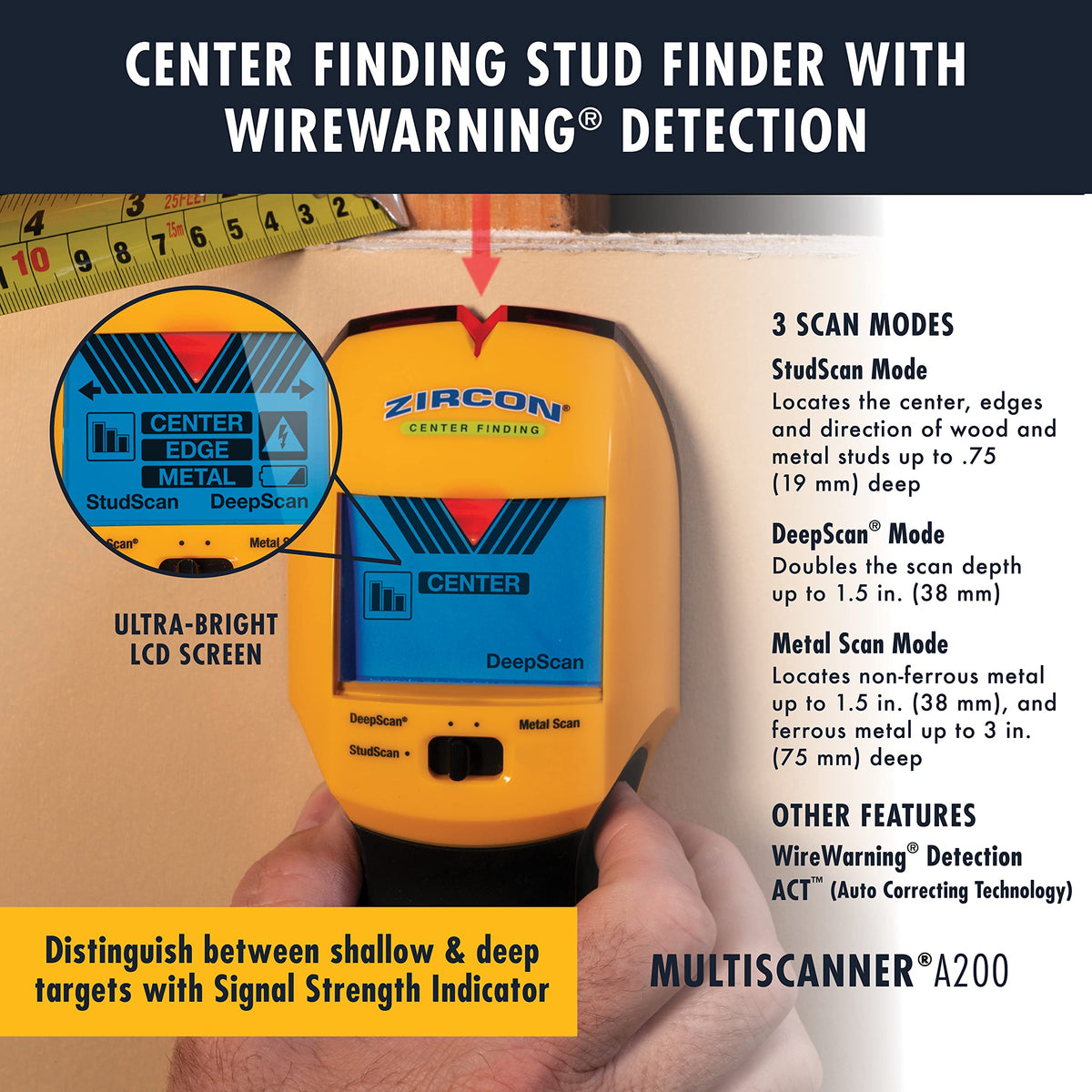 Zircon Multiscanner A200 Electronic Wall Scanner/Metal Detector/Live AC Wire Detection With SpotLite Pointer