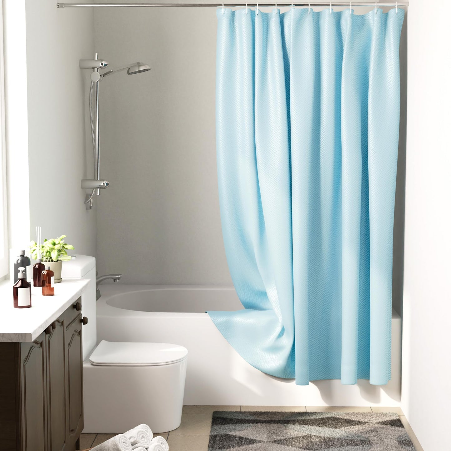 Encasa XO Luxury Jacquard Shower Curtain ZZ Light Blue 72x72 in | Rustproof, Wrinkle-Free, Water-Repellent & Machine Washable | Elegant Heavy Fabric