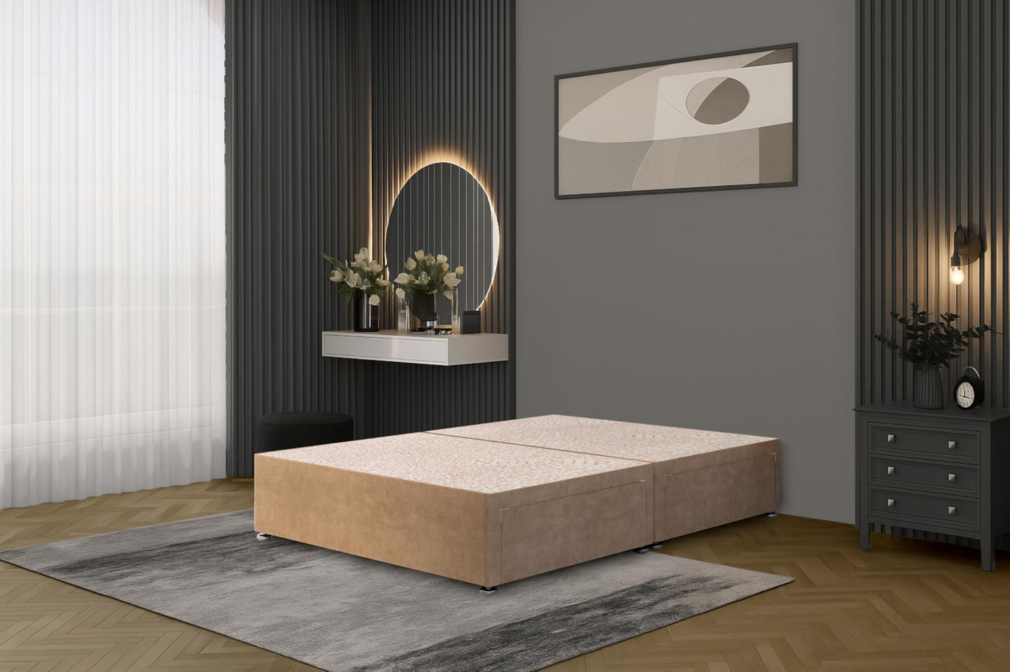 Bed Centre Flexby Divan Bed Base Only with 2 Drawers (Same Side), No Headboard - Available in 3FT, 4FT, 5FT & 6FT (3FT Single, Plush Beige Fabric)