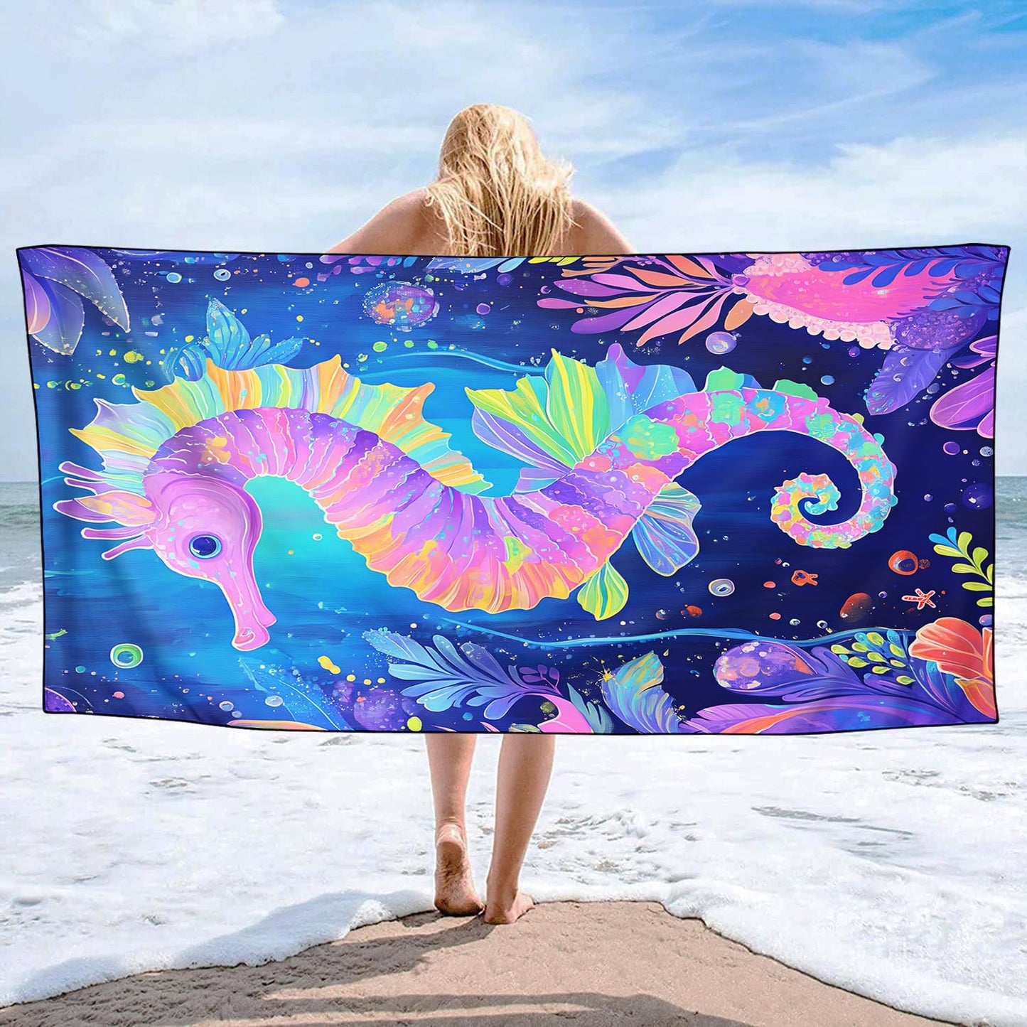 YISUMEI Purple Seahorse Beach Towels for Adults Extra Large 180 x 90 cm, Microfibre Lightweight Quick Dry Towel for Swimming Pool Cruise Travel