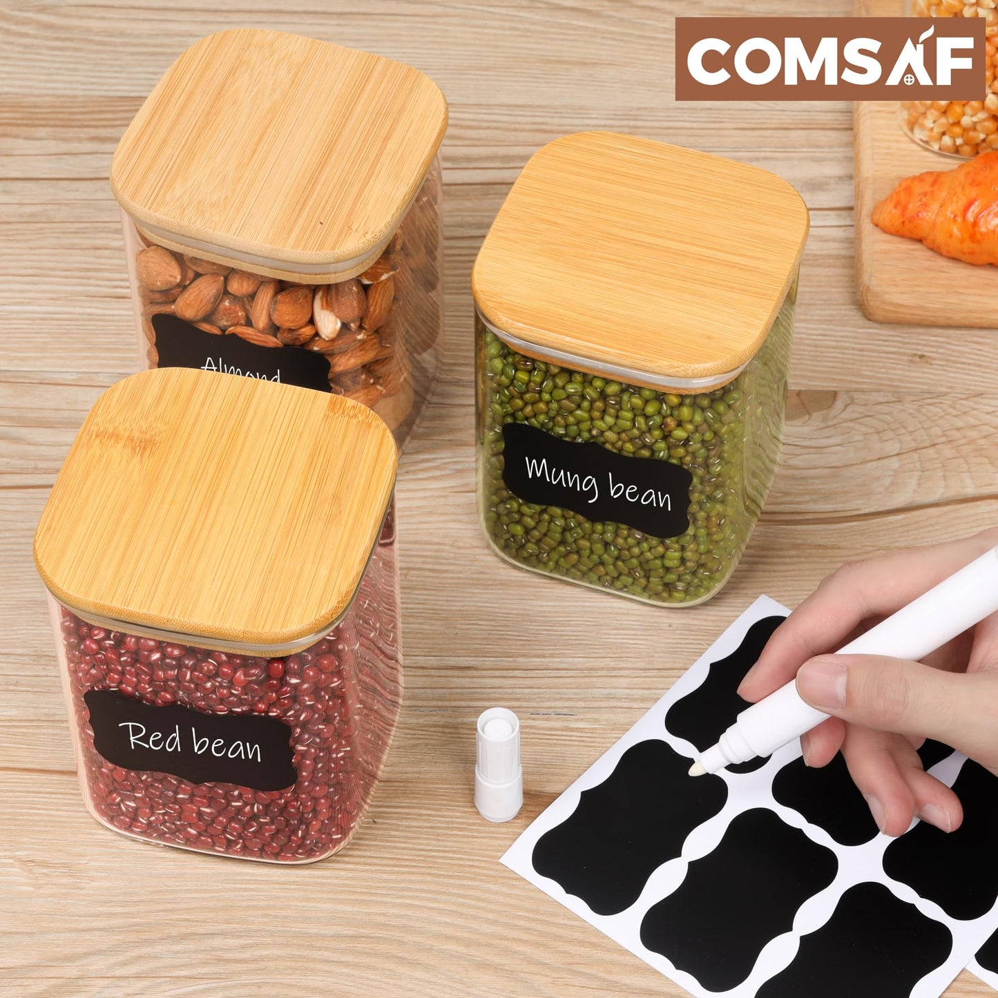 ComSaf 27oz/800ml Glass Food Storage Jars Set of 6, Clear Storage Containers with Airtight Bamboo Lid, Pantry Organization Jar, Spice, Tea, Coffee and