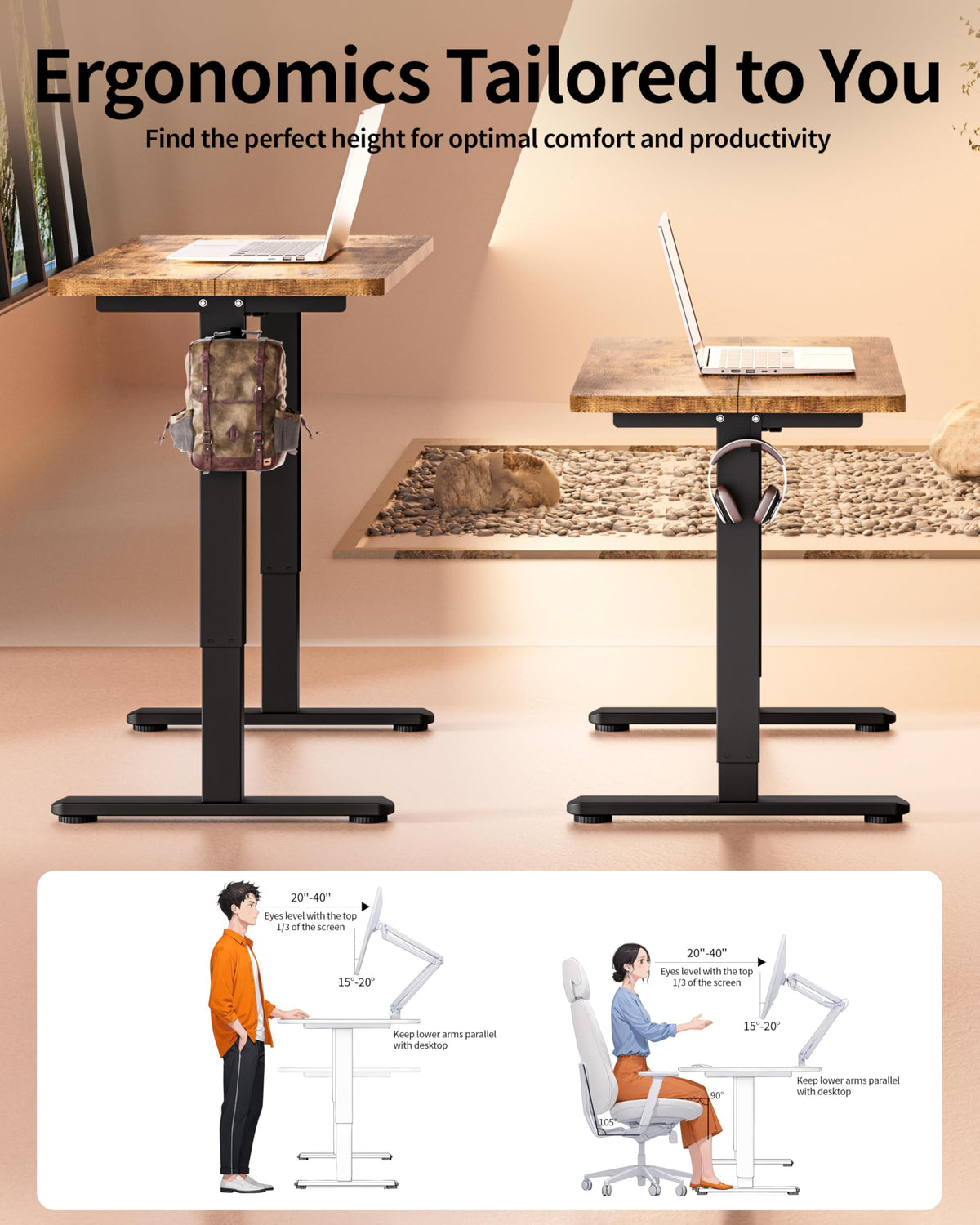 BIZUM Electric Standing Desk 120x60cm Gaming Desk 3 Memory with Splice Board, 70–115cm Lift, 2 Hooks, 80kg Load, Computer Workstation, Rustic Brown