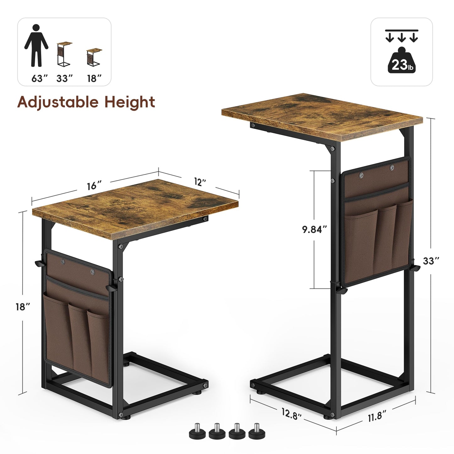 Vagusicc C-Shaped Side Table, Height Adjustable Sofa Side Table, Bedside Table with Cloth Storage Bag, C Tables End Table for Small Spaces