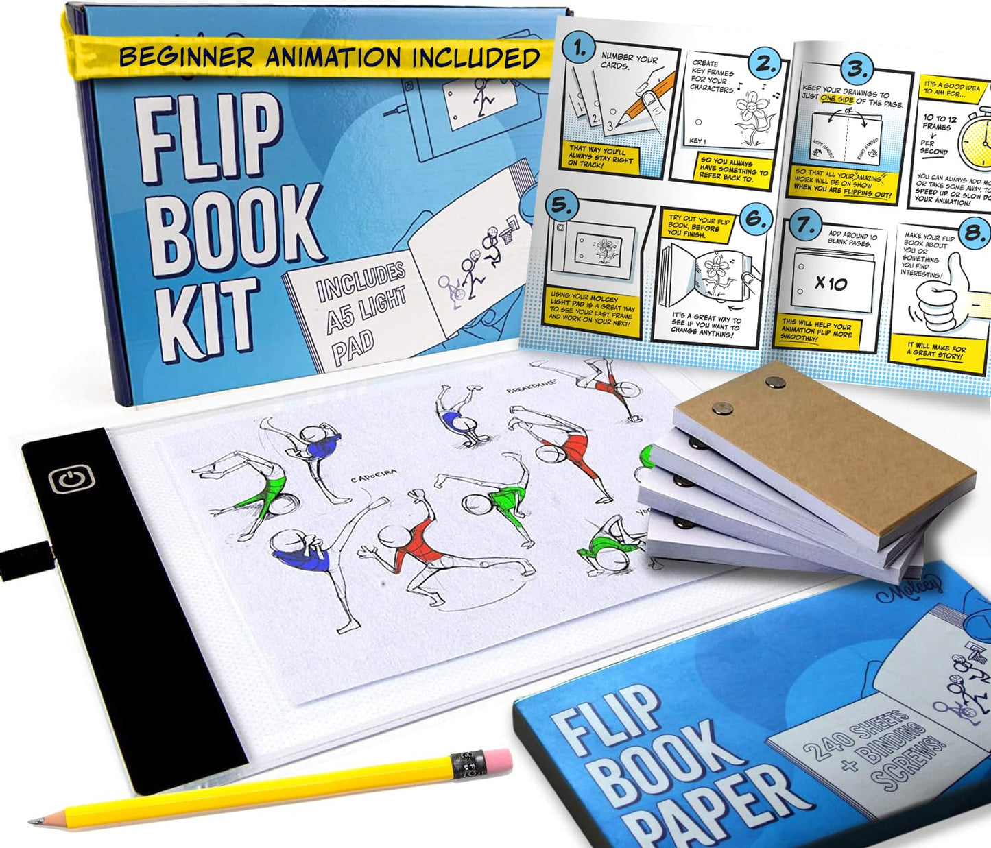 Molcey Flip Book Kit with LED Light Pad. Includes Flipbook Kit Starter Animation, 240 Sheets Blank Animation Paper and Instructions for Making Flip