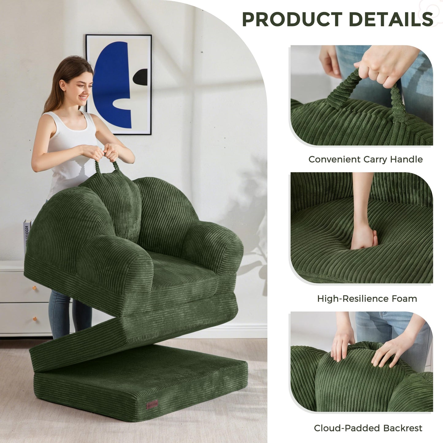 MAXYOYO Folding Sofa Bed with Backrest, Floral Shaped 2 in 1 Convertible Sofa to Comfy Faux Fur Bean Bag Chair for Adults