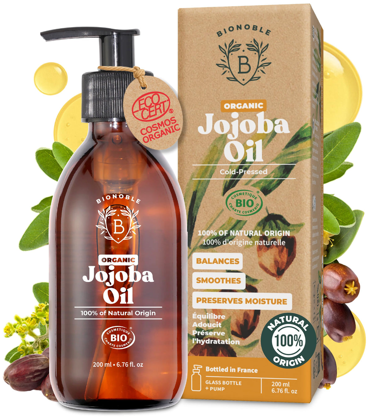 BIONOBLE Organic Jojoba Oil Cold Pressed Unrefined - Balances Sebum, Smoothes, Anti-Acne - 100% Pure Jojoba Oil for Skin, Face, Hair, Body - Vegan,