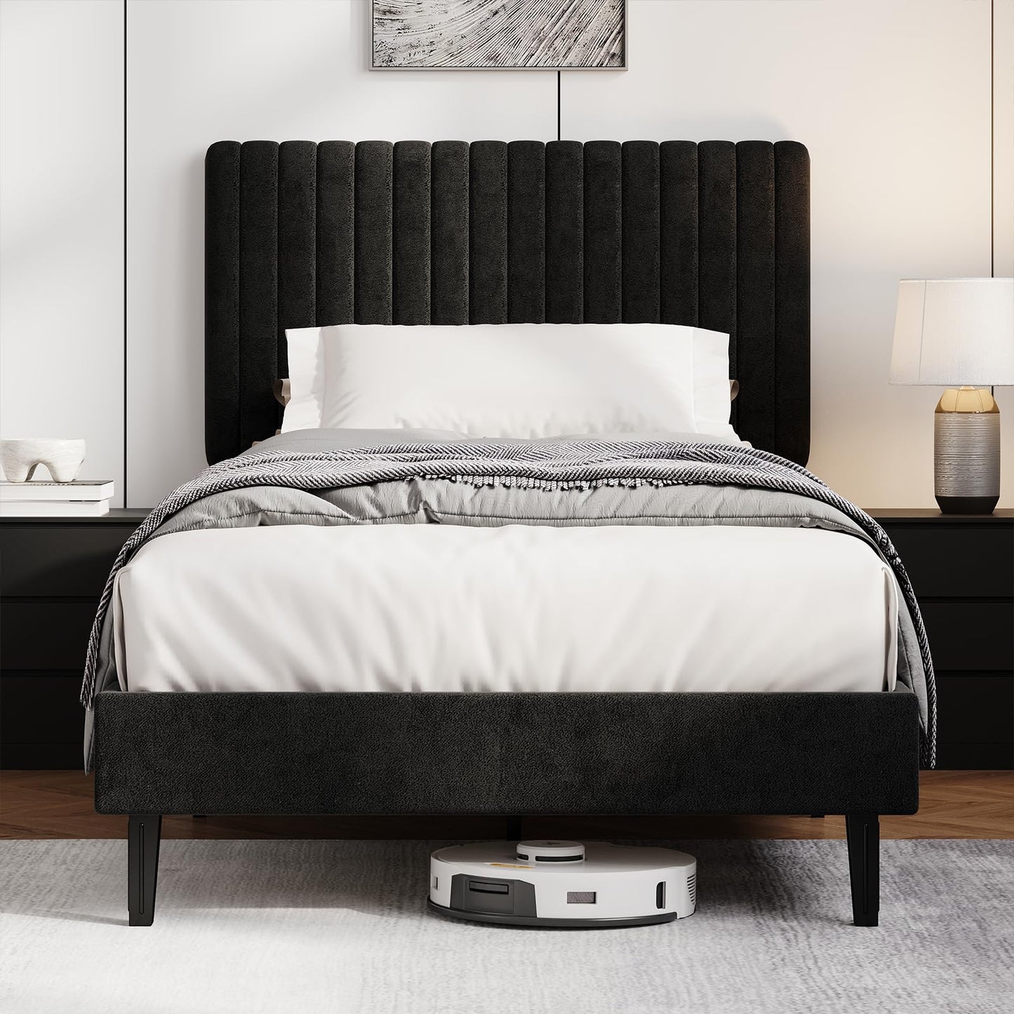 HOMBCK Single Bed Frame, 90 x 190 cm, Upholstered Bed with Velvet Headboard, Adjustable Height, Wooden Slat Support, No Box Spring Needed, Black