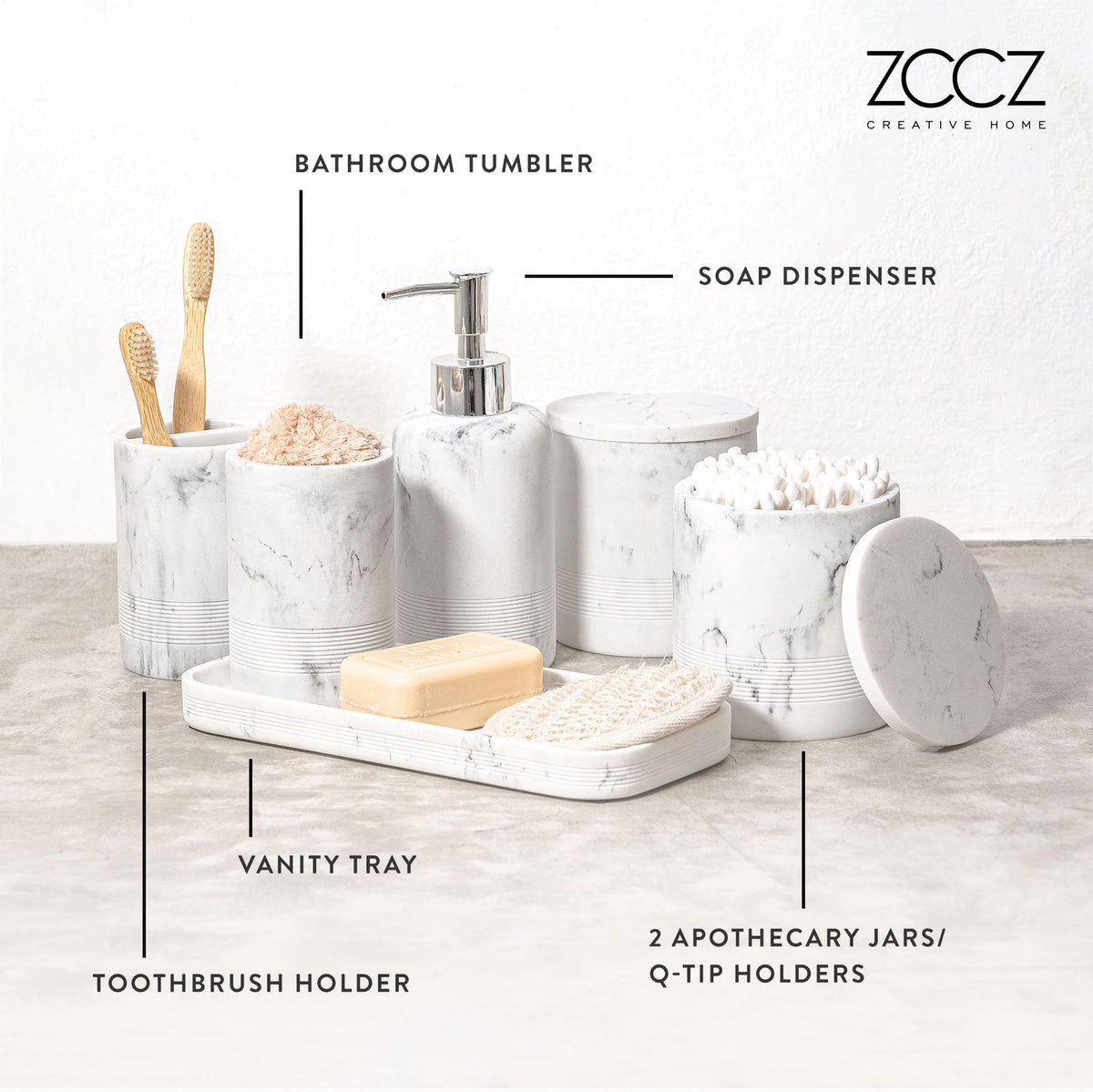 ZCCZ White Bathroom Accessory Set 6 Pieces - Organiser With Toothbrush Holder, Lotion Soap Dispenser, Vanity Tray and 2 Q-tip Holders