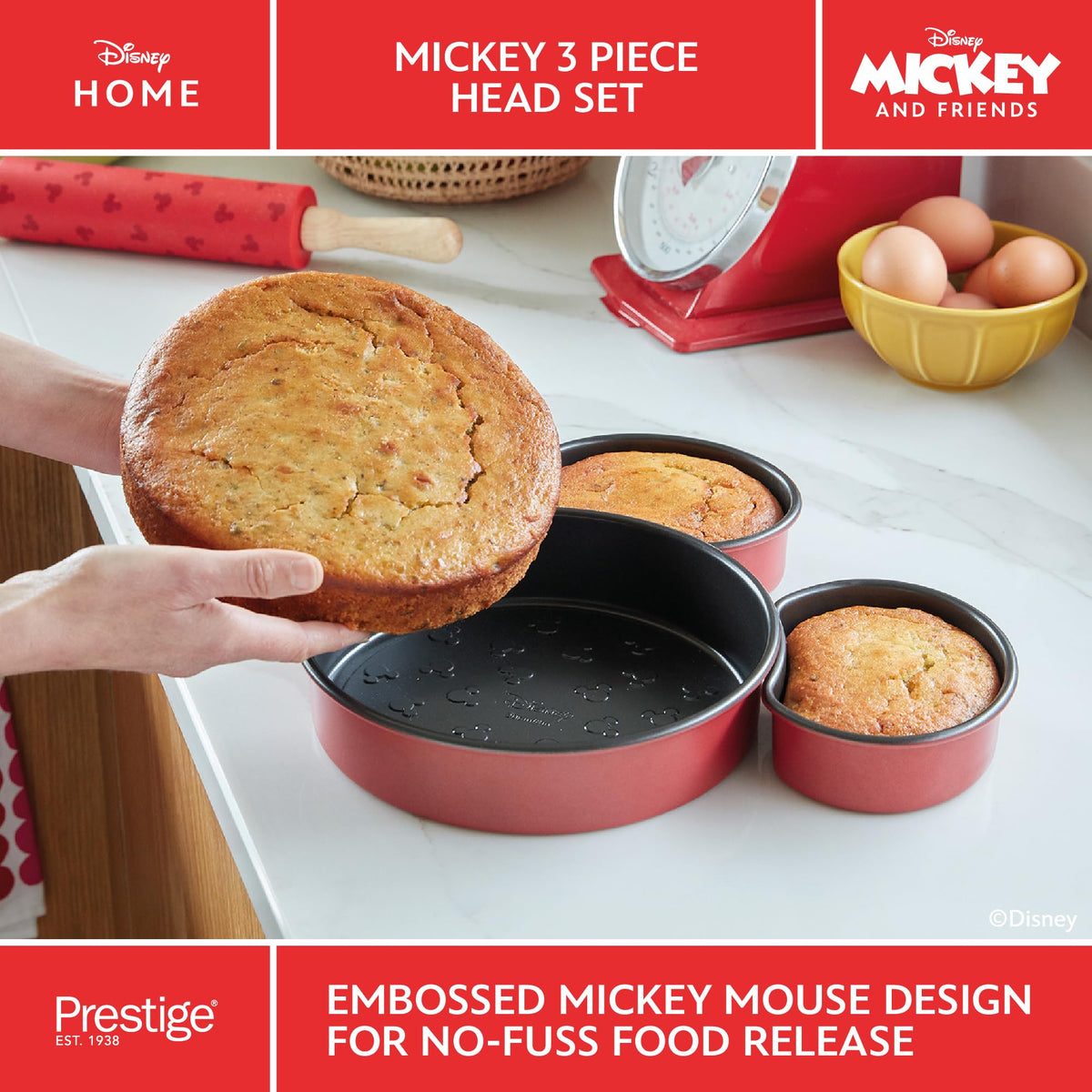 Prestige New Disney Bake with Mickey Mouse Bakeware Set with 3 Piece Mickey Head Cake Tin and Silicone Spatula Set of 2