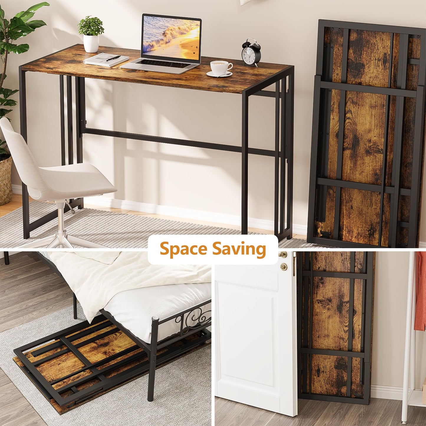 Ulifance Folding Computer Desk for Home Office No-Assembly Writing Desk (Rustic Brown)