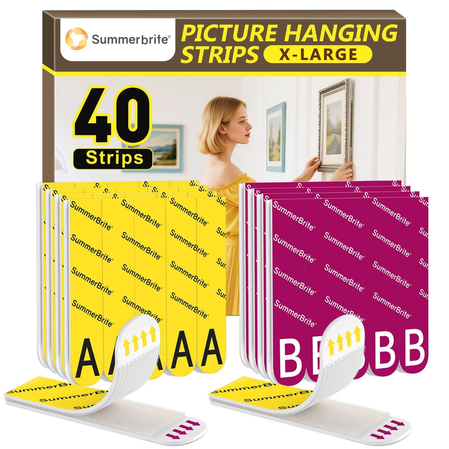 Summerbrite Picture Hanging Strips Heavy Duty 20 Pairs(40 Strips,XL),Damage Free Hanging Adhesive Strips,Mounting Tapes Removable,No Nails for Picture